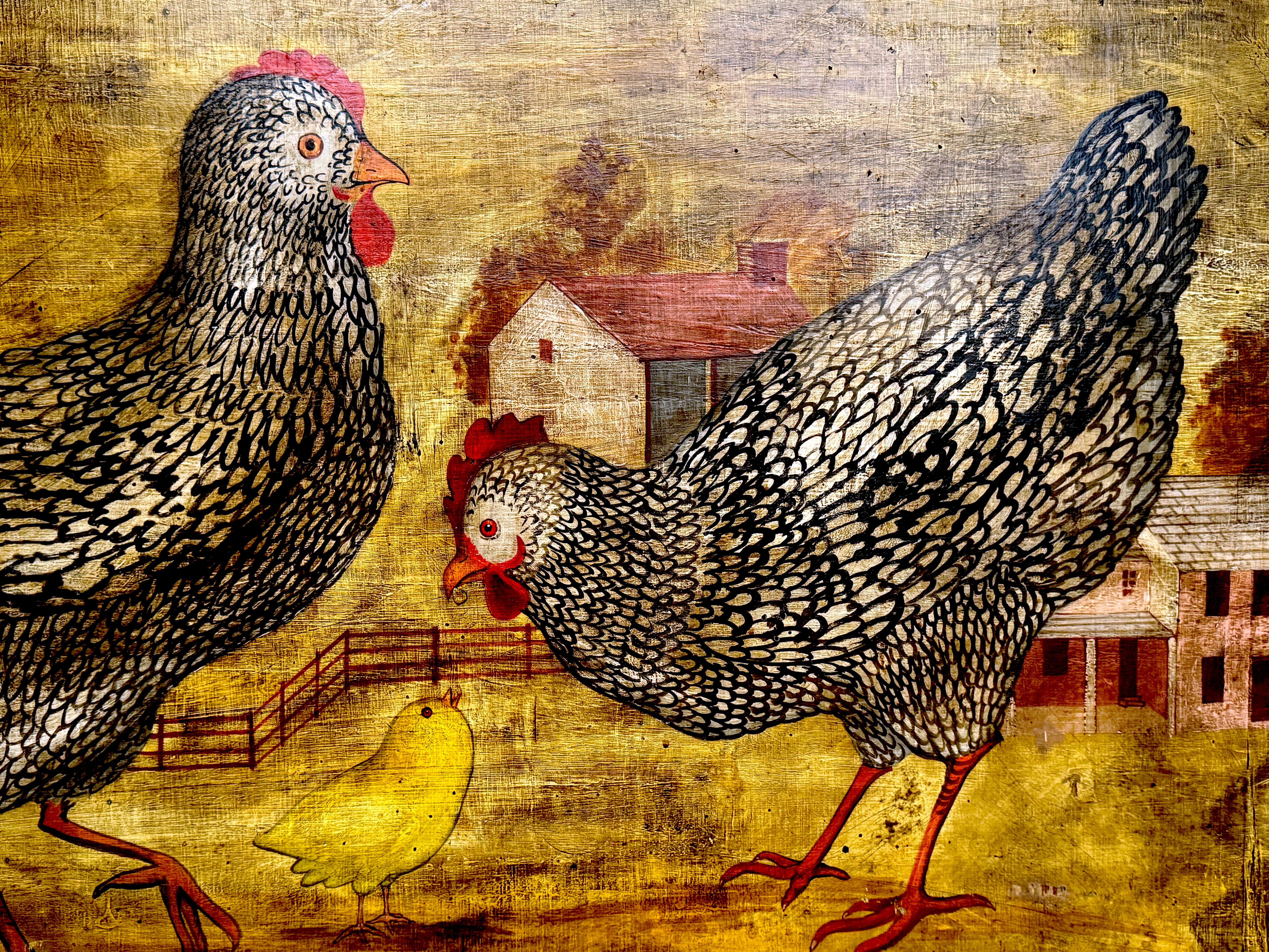 20th Century American Folk Art paintings of Chickens in Farm Landscape, signed 'Horiz' For Sale