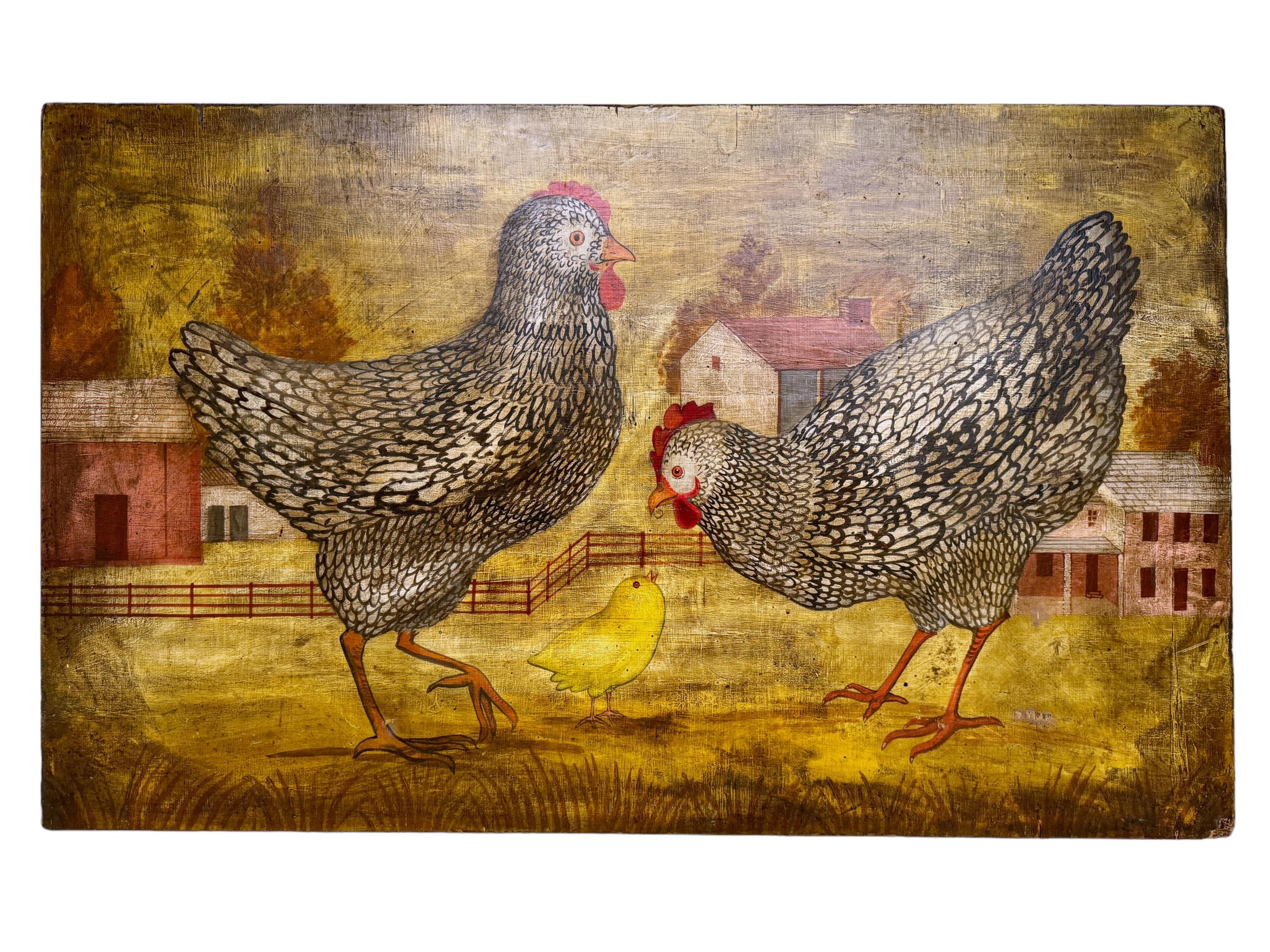 Wood American Folk Art paintings of Chickens in Farm Landscape, signed 'Horiz' For Sale