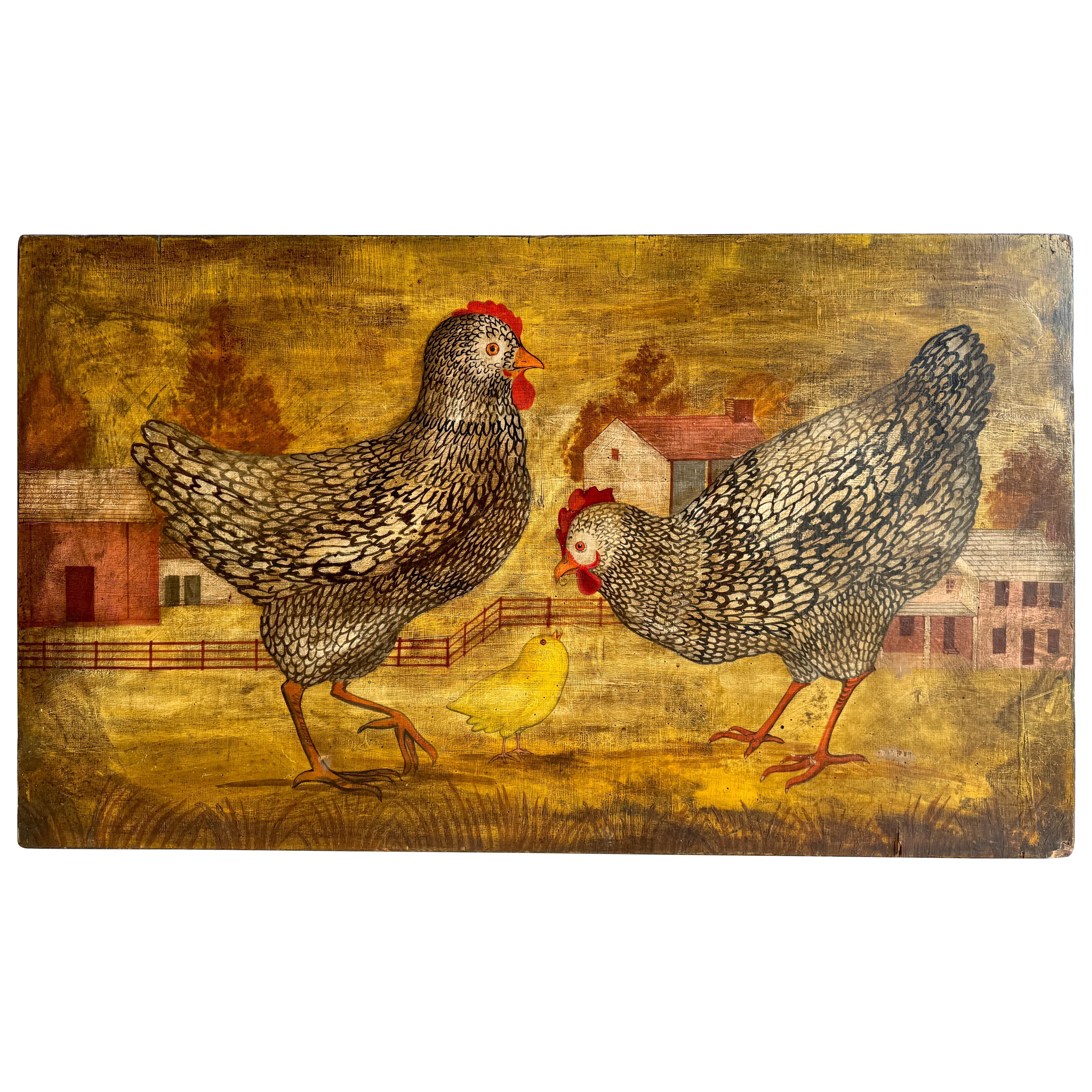 Peintures d'art populaire américain représentant des poulets dans un paysage de ferme, signées « Horiz » en vente