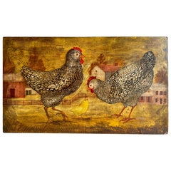 Peintures d'art populaire américain représentant des poulets dans un paysage de ferme, signées « Horiz »