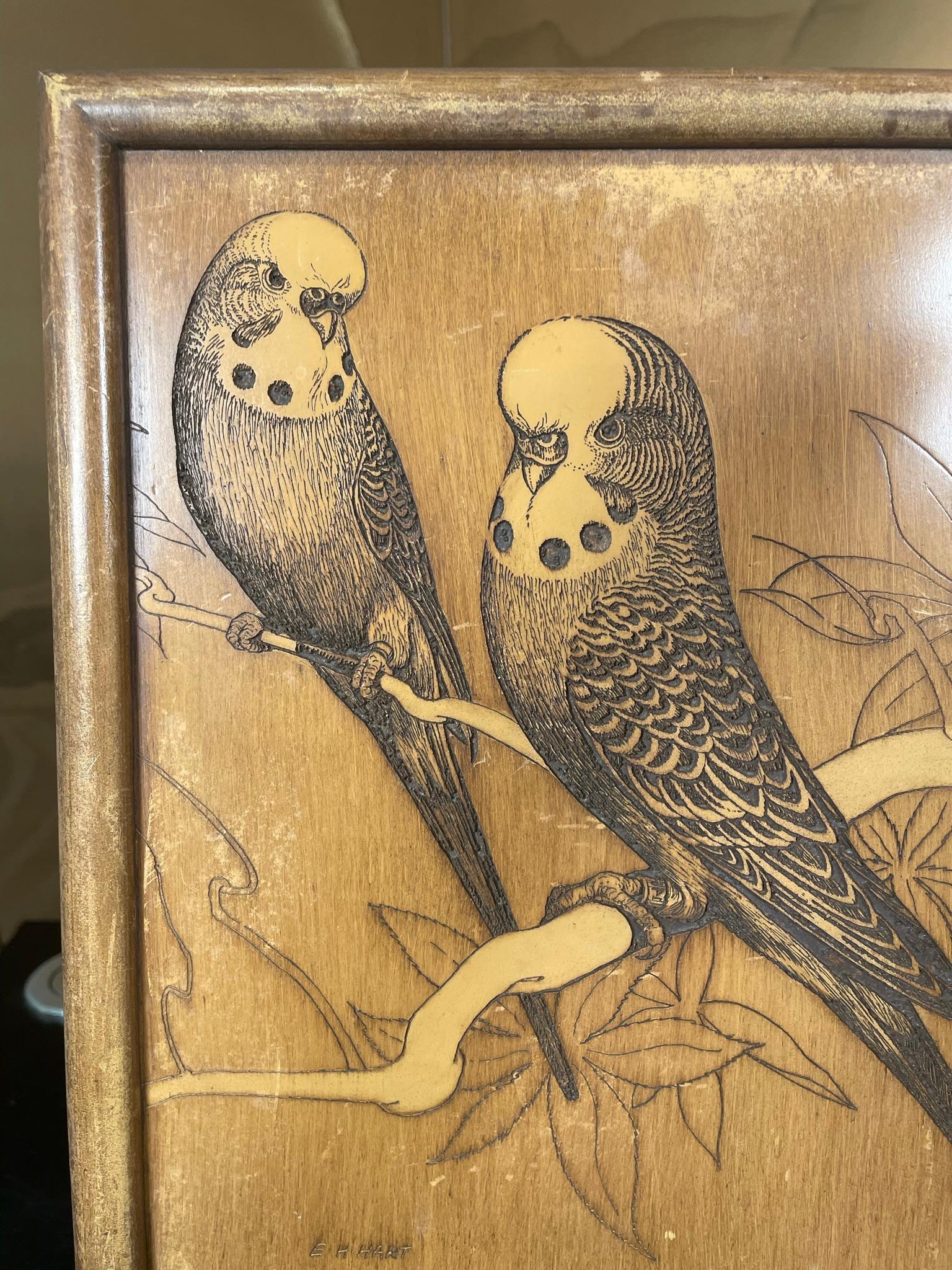 Woodwork American Folk Art Pair Parakeets Signed E.H. Hart