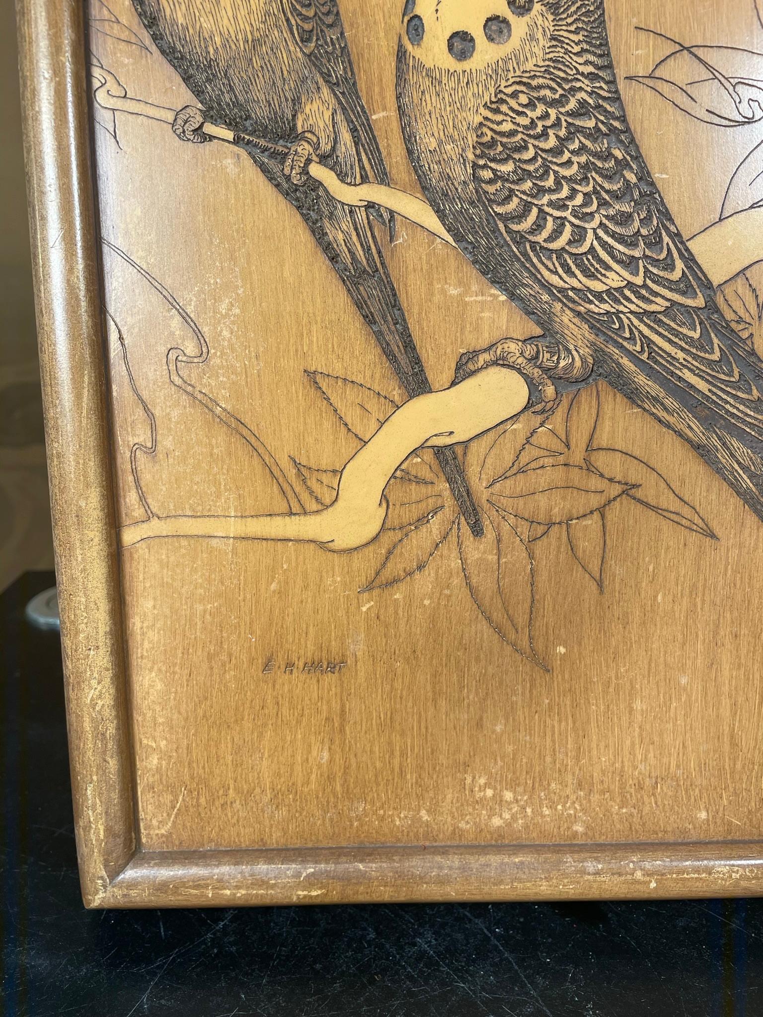 Wood American Folk Art Pair Parakeets Signed E.H. Hart