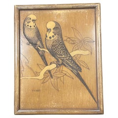 Vintage American Folk Art Pair Parakeets Signed E.H. Hart