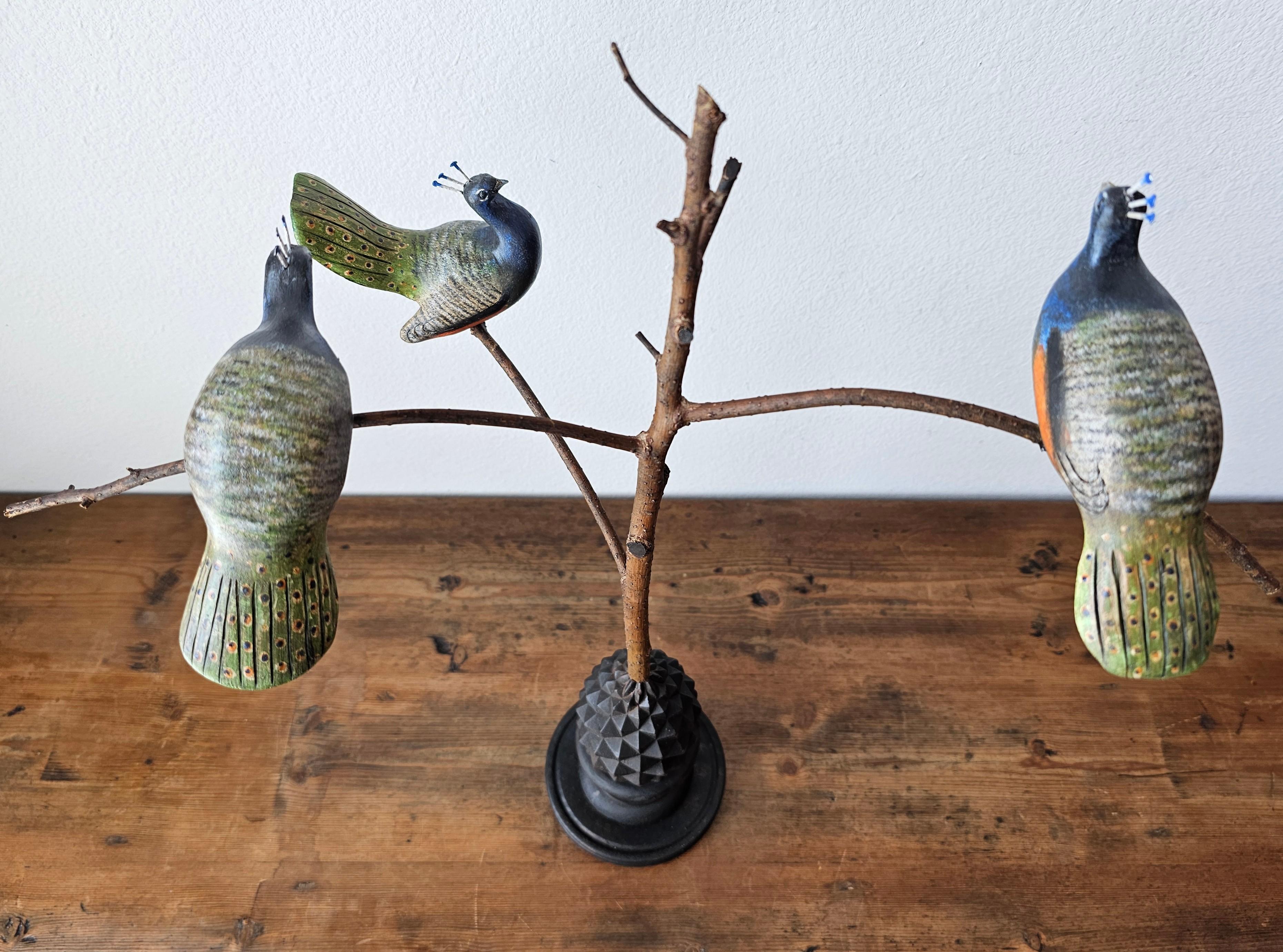 American Folk Art Peacocks in Tree Sculpture Signed by NJ decoy carver Ken Kirby 4