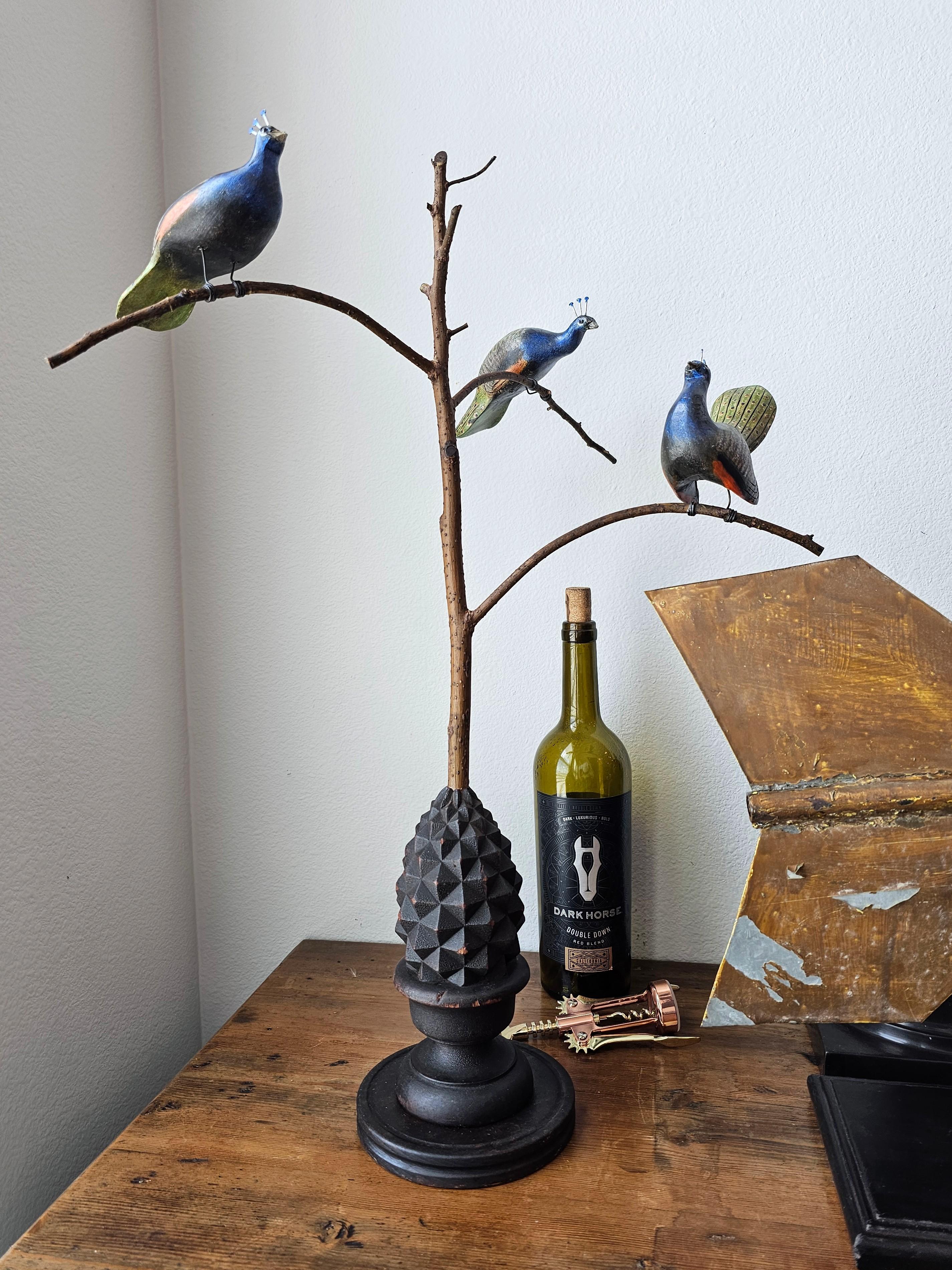 American Folk Art Peacocks in Tree Sculpture Signed by NJ decoy carver Ken Kirby 14
