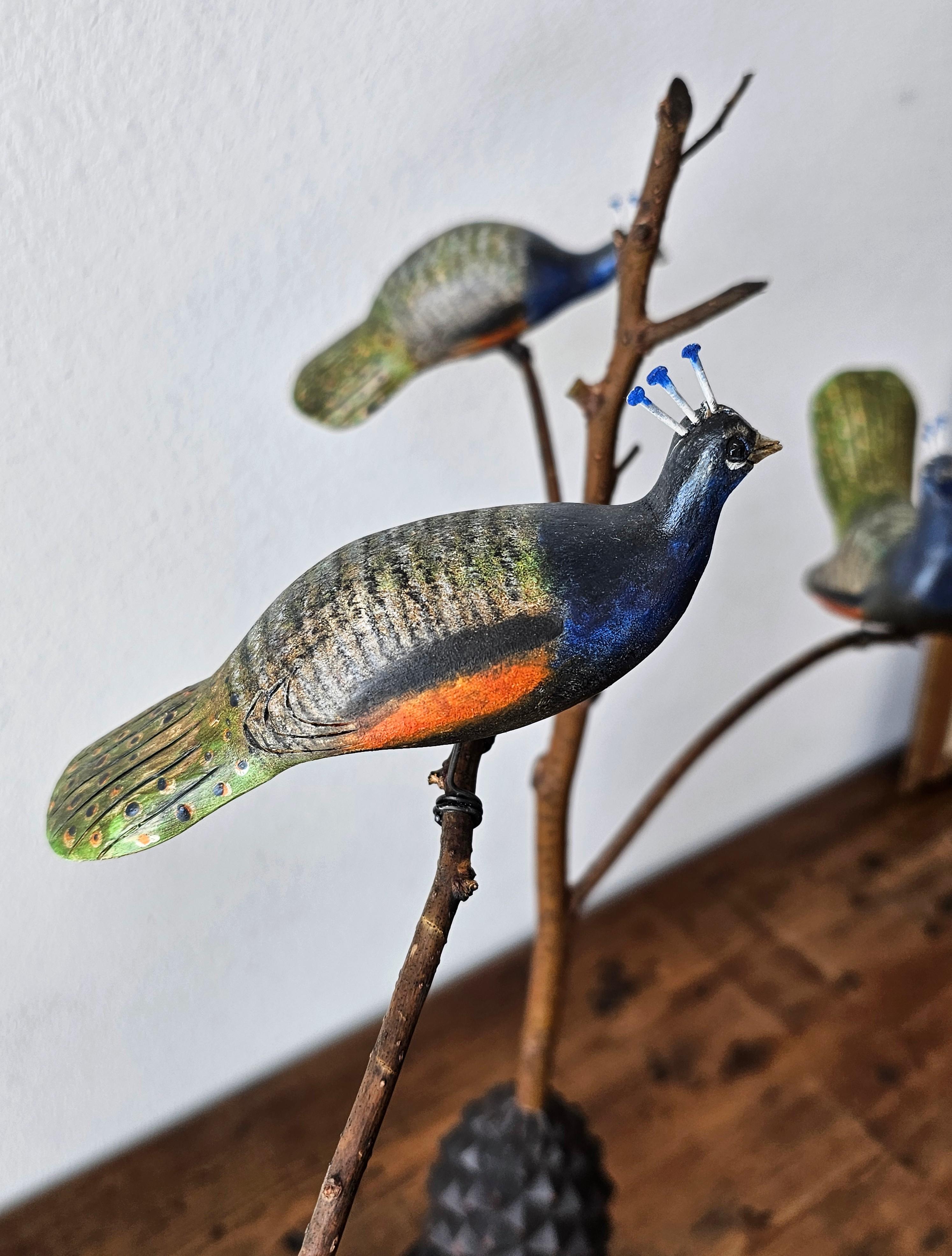 Hand-Carved American Folk Art Peacocks in Tree Sculpture Signed by NJ decoy carver Ken Kirby