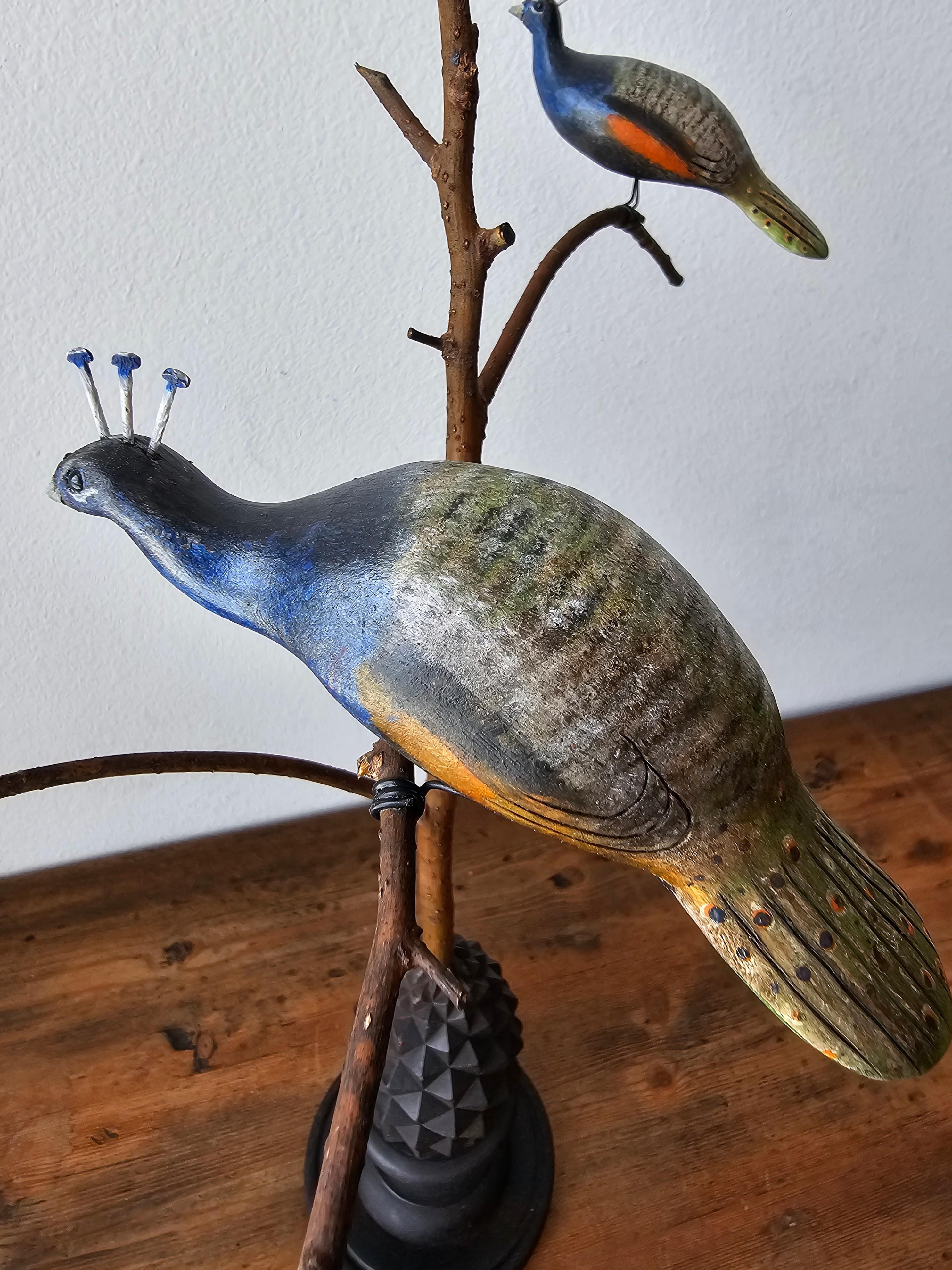 American Folk Art Peacocks in Tree Sculpture Signed by NJ decoy carver Ken Kirby In Good Condition In Forney, TX
