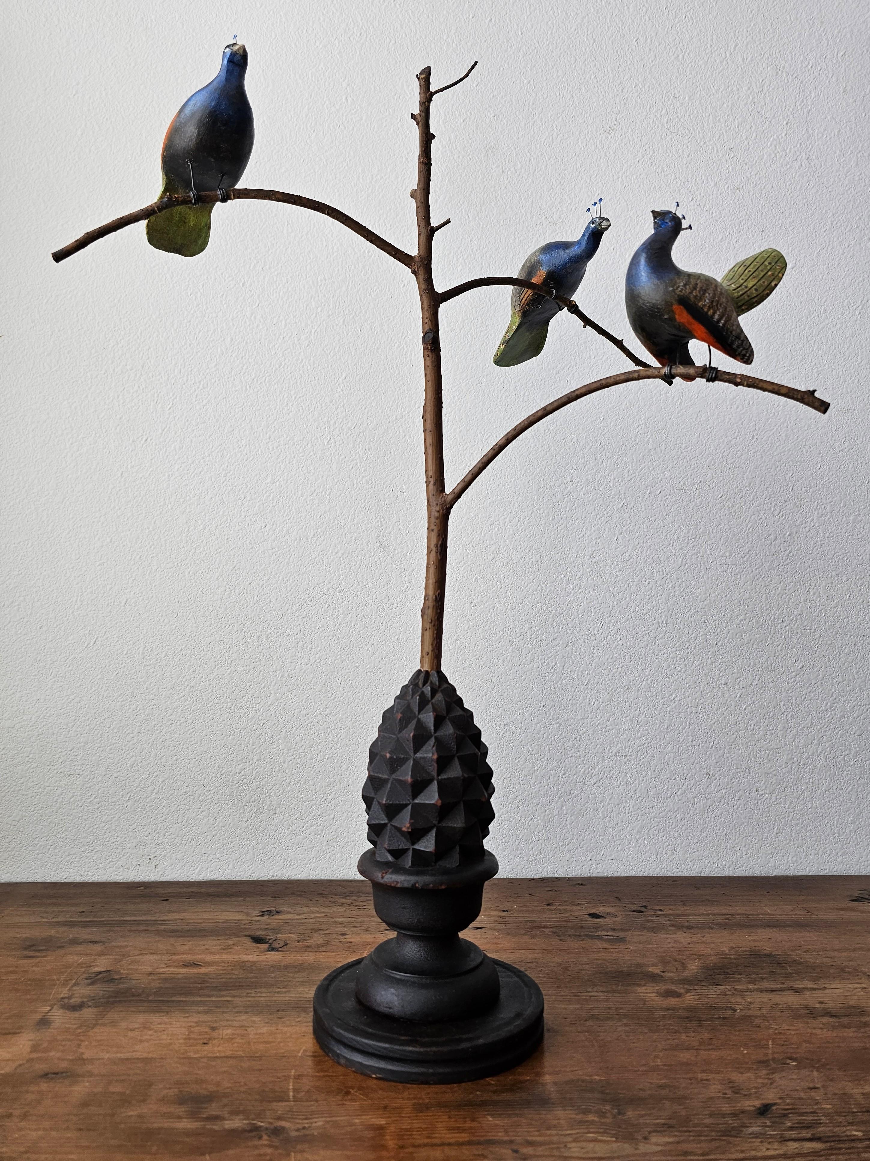 American Folk Art Peacocks in Tree Sculpture Signed by NJ decoy carver Ken Kirby 1