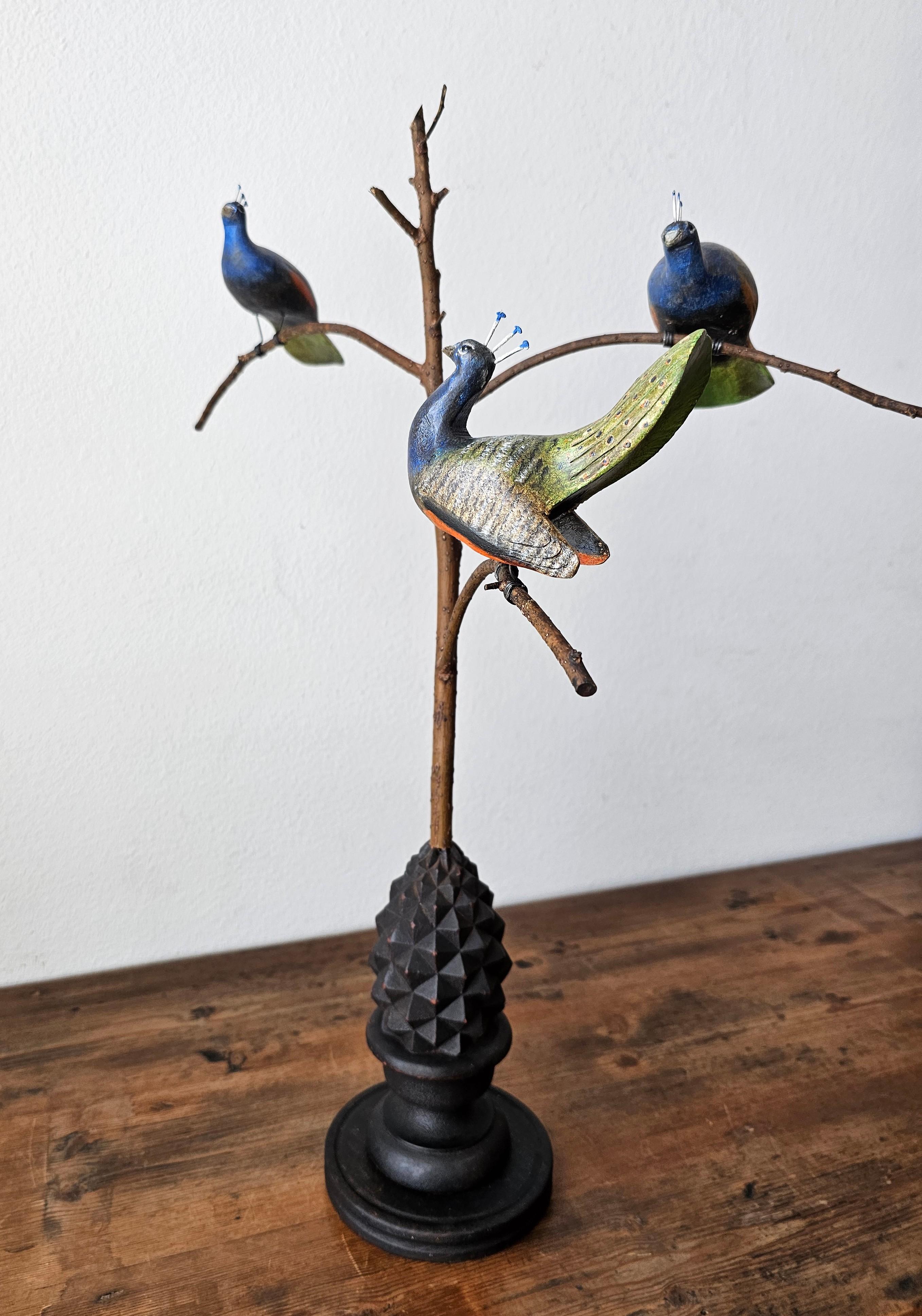 American Folk Art Peacocks in Tree Sculpture Signed by NJ decoy carver Ken Kirby 2