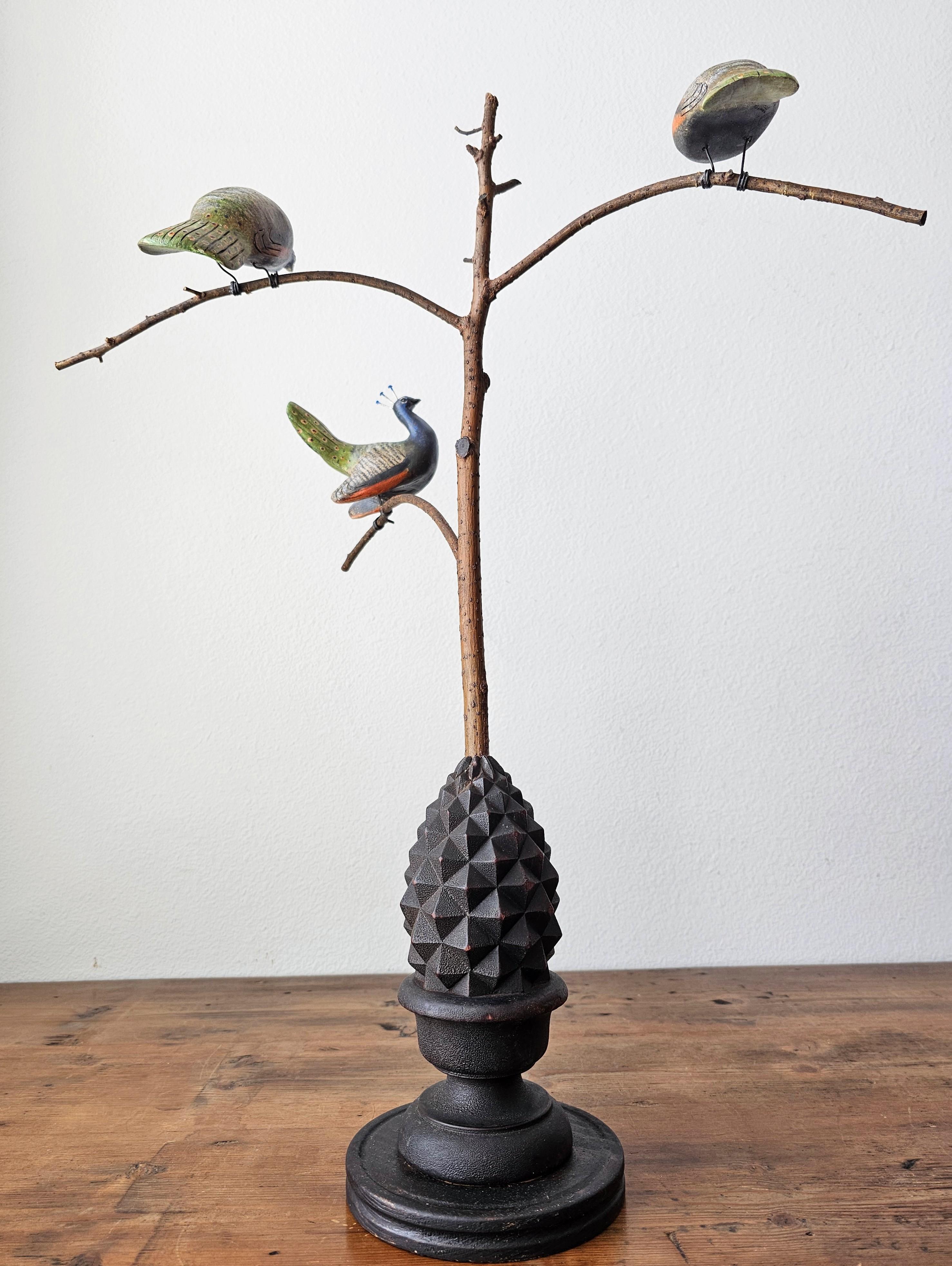 American Folk Art Peacocks in Tree Sculpture Signed by NJ decoy carver Ken Kirby 3