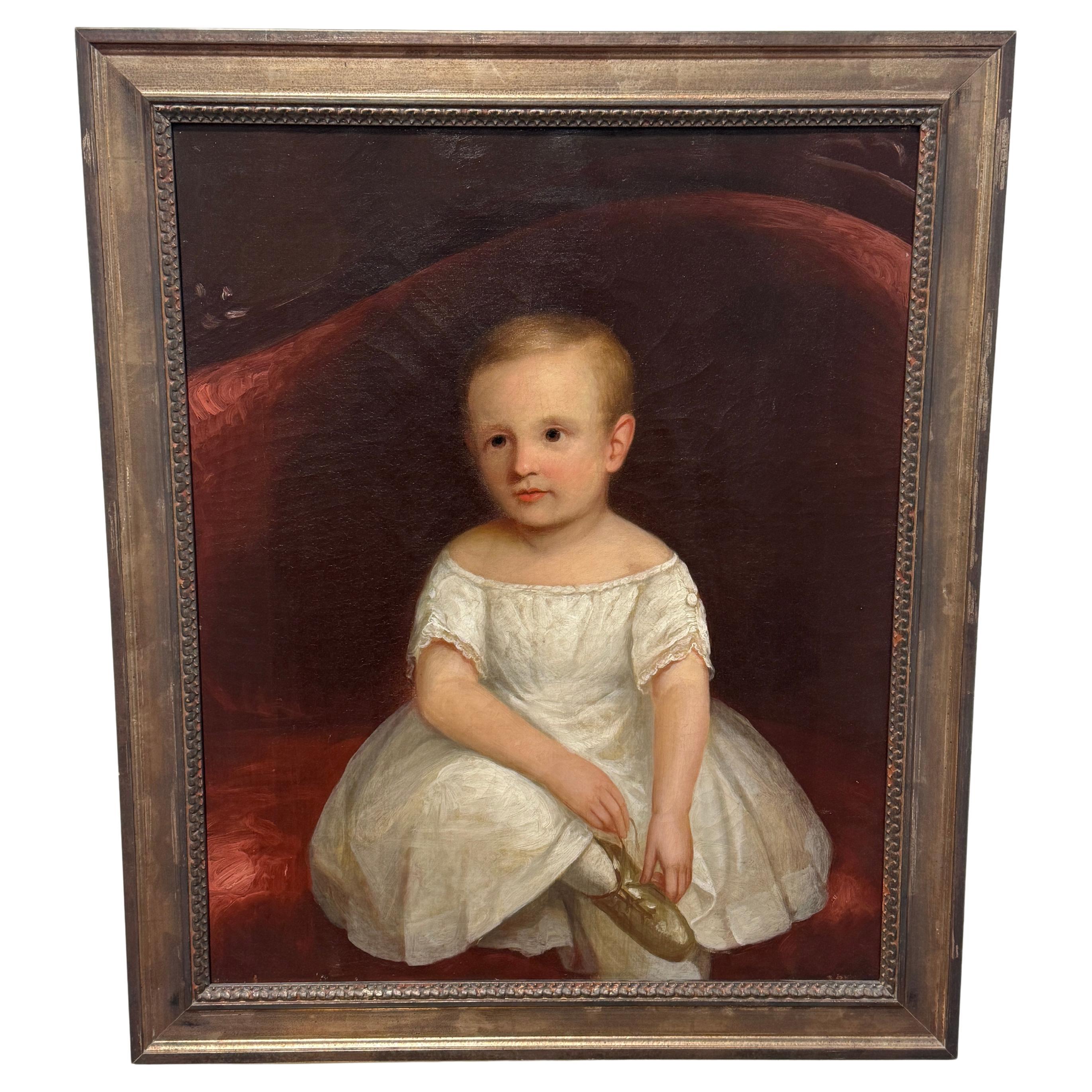 American Folk Art Portrait of a Young Child Holding a Slipper, c. 1830–1850 For Sale