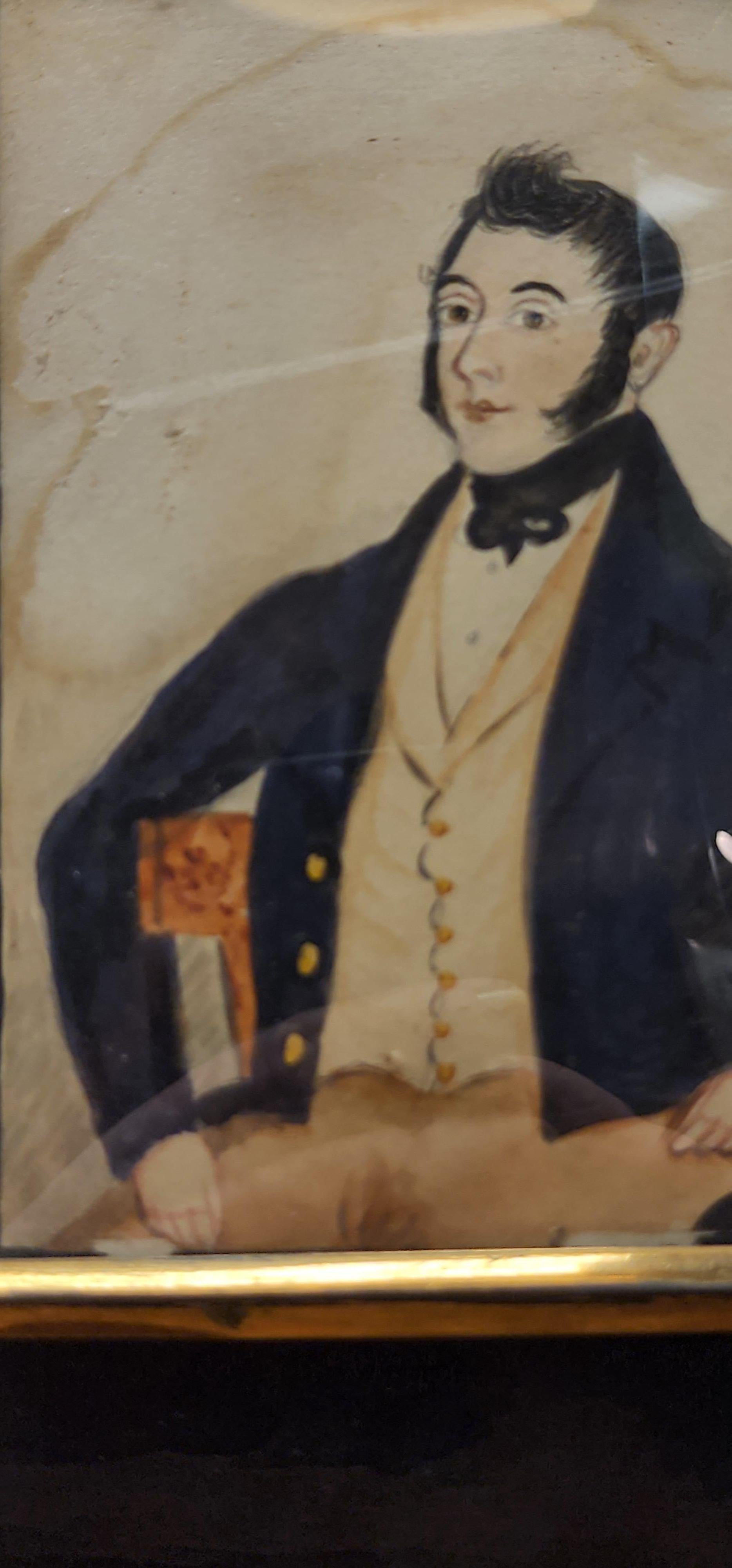 Legno Miniatura americana di arte popolare Ritratto di giovane gentiluomo in vendita