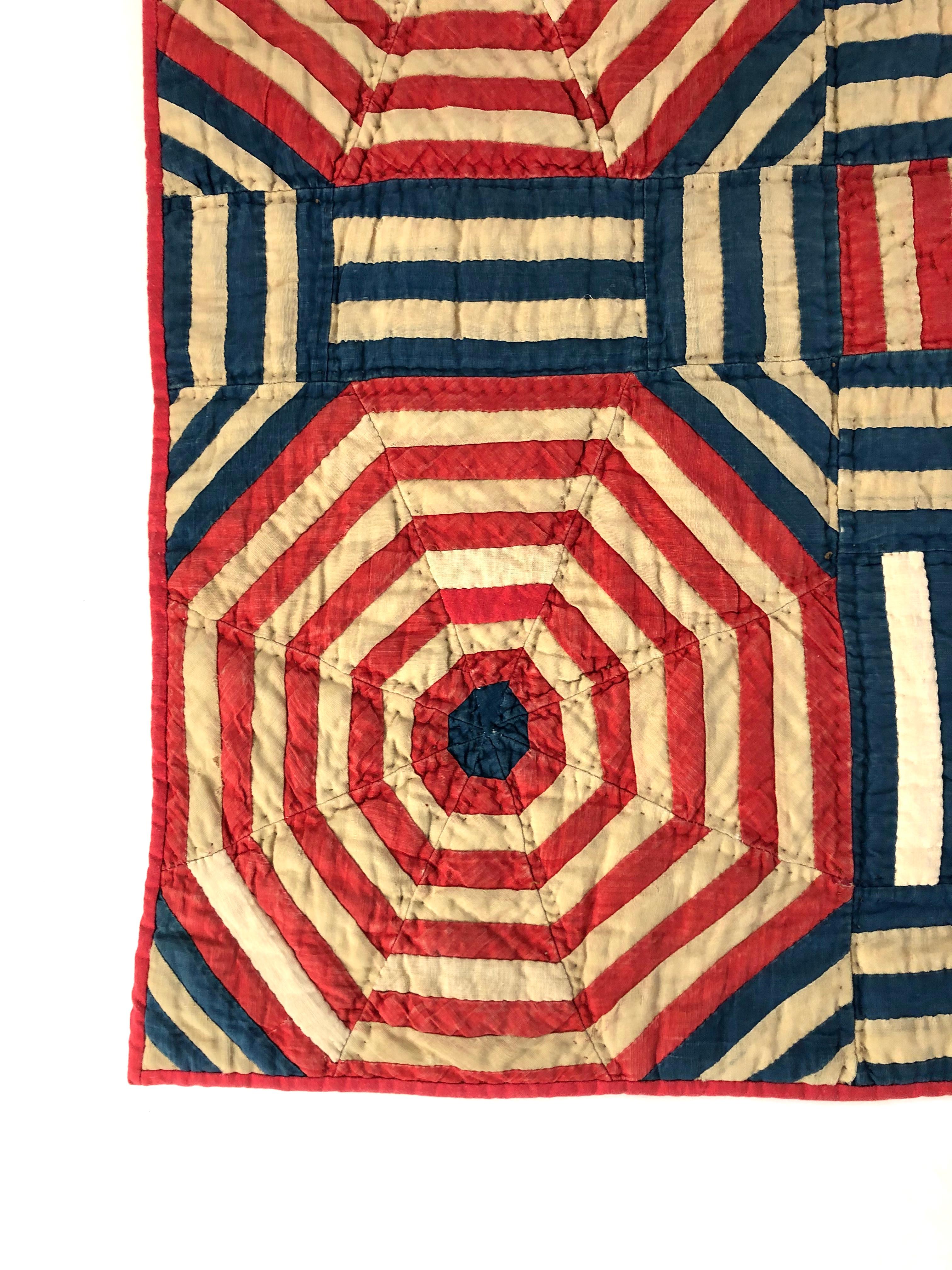 Hand-Crafted American Folk Art Red White and Blue Geometric Crib Quilt Wall Hanging, c. 1876