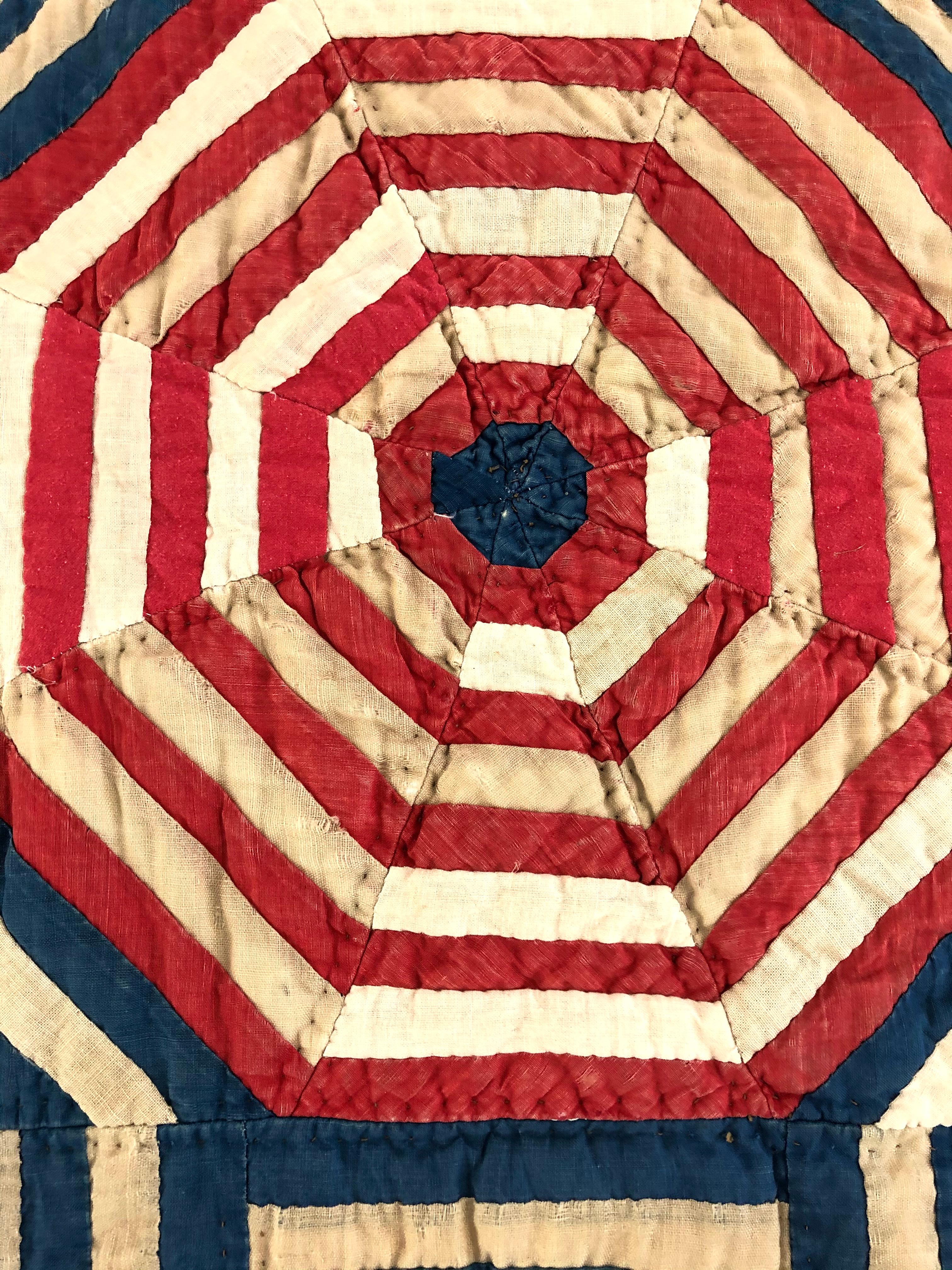 American Folk Art Red White and Blue Geometric Crib Quilt Wall Hanging, c. 1876 In Good Condition In Essex, MA