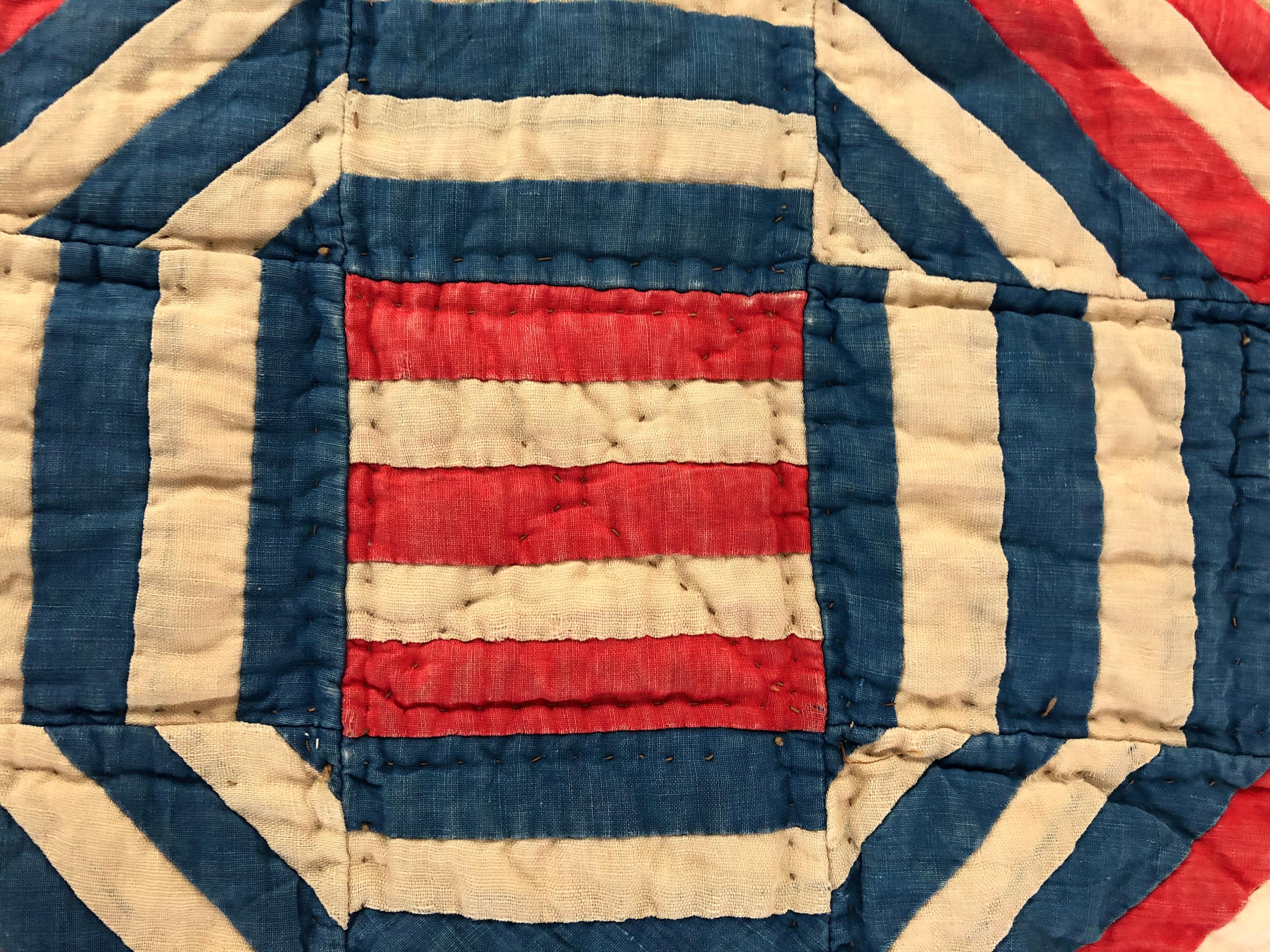 Late 19th Century American Folk Art Red White and Blue Geometric Crib Quilt Wall Hanging, c. 1876