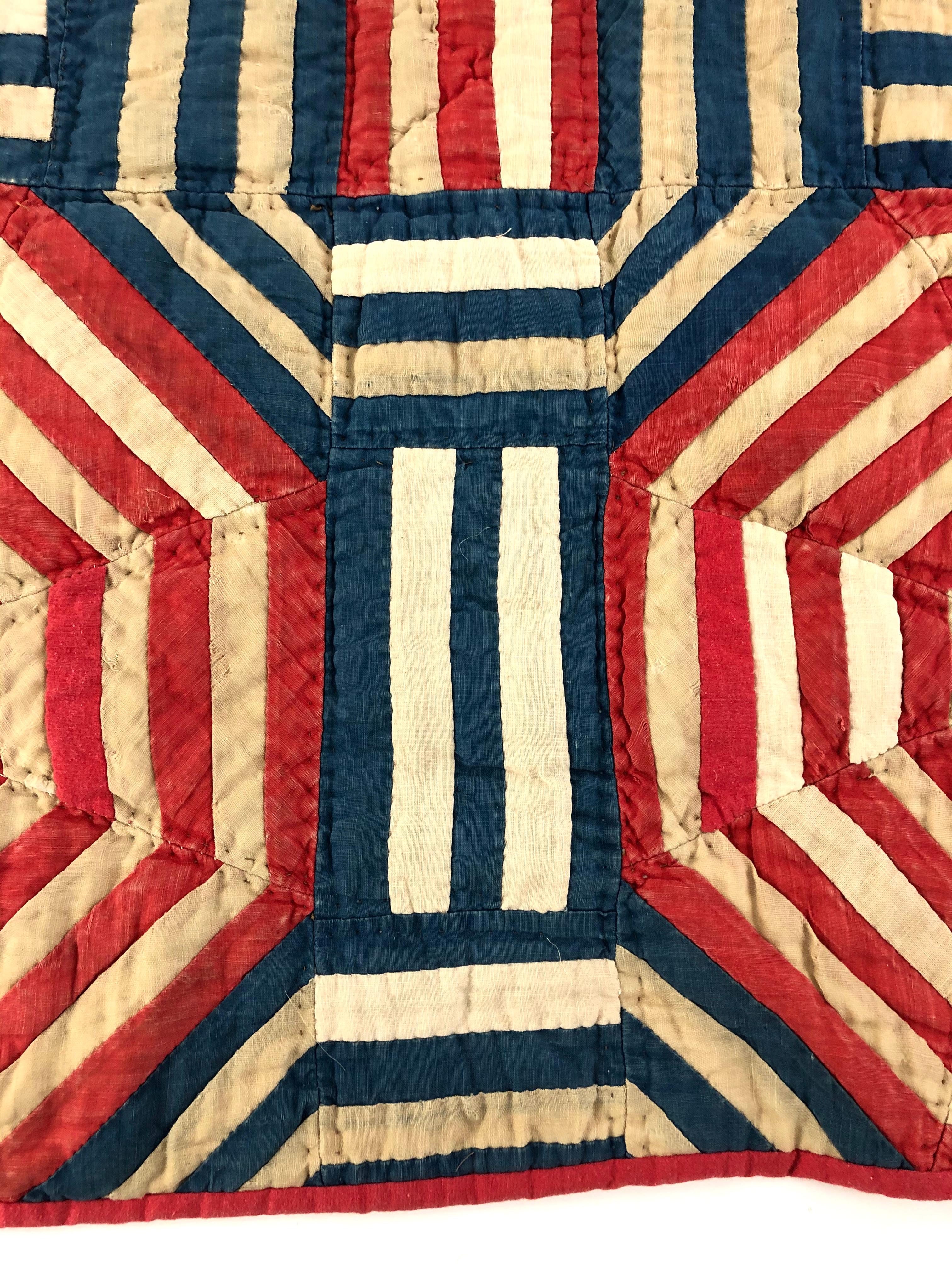 Cotton American Folk Art Red White and Blue Geometric Crib Quilt Wall Hanging, c. 1876