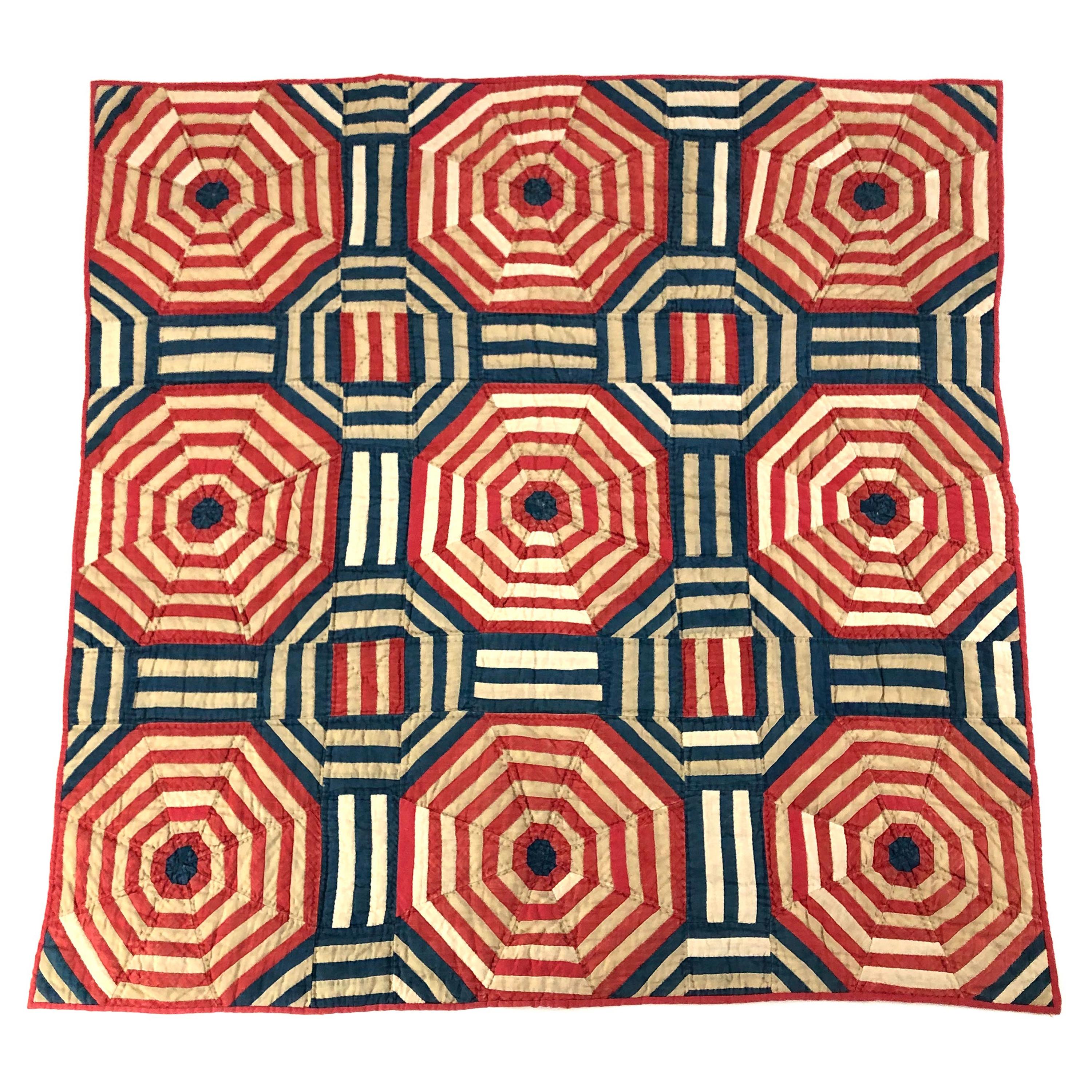 American Folk Art Red White and Blue Geometric Crib Quilt Wall Hanging, c. 1876