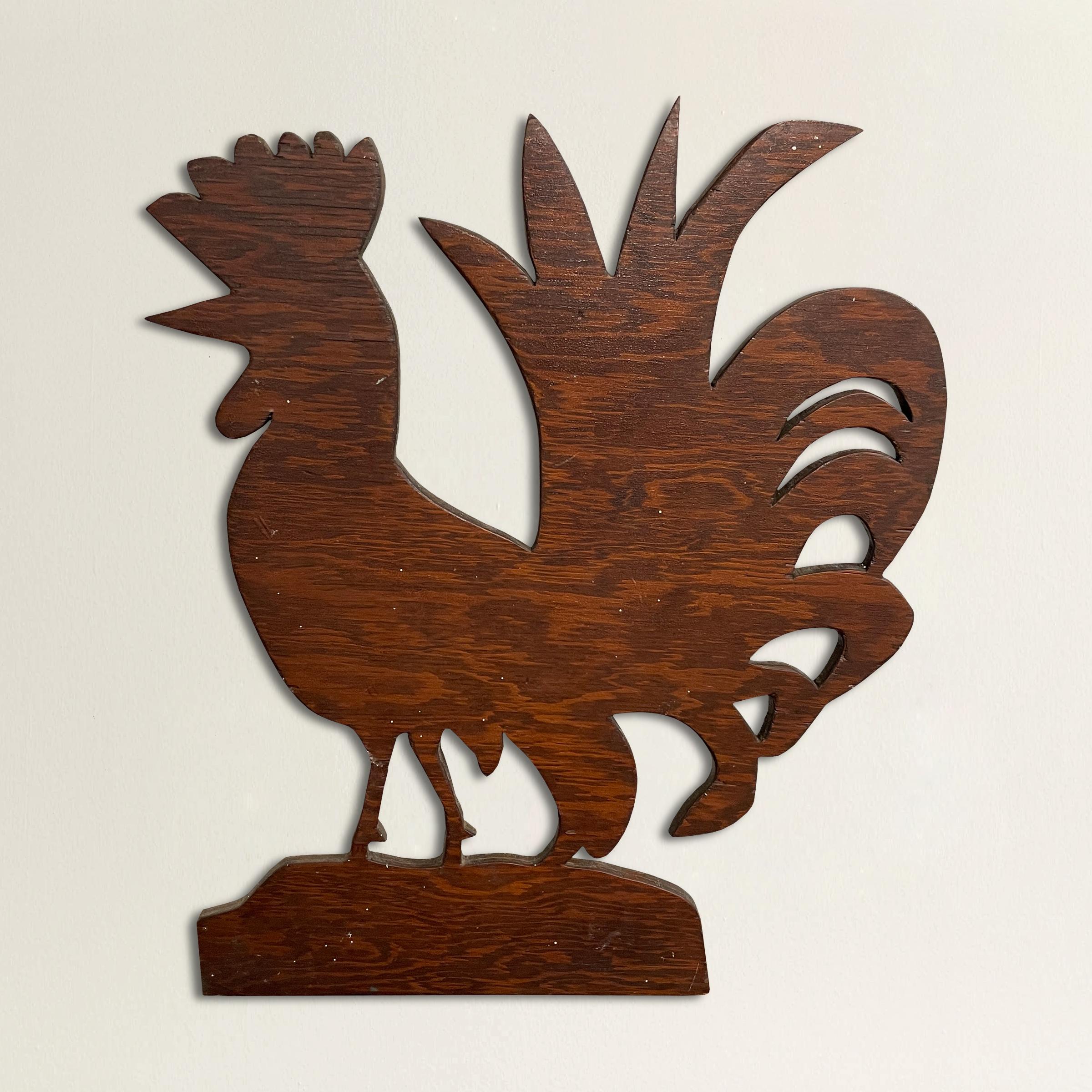 A wonderfully whimsical and charming 20th century American Folk Art carved wood rooster with wildly expressive tail feathers and head, on a custom wall mount. Perfect for hanging in your kitchen or pantry!