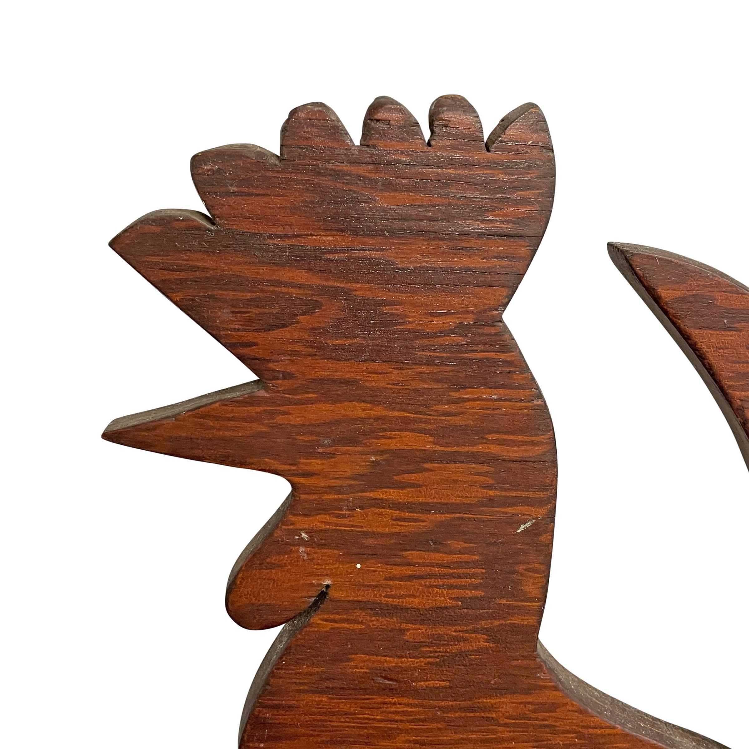 Pine American Folk Art Rooster Sculpture on Custom Wall Mount