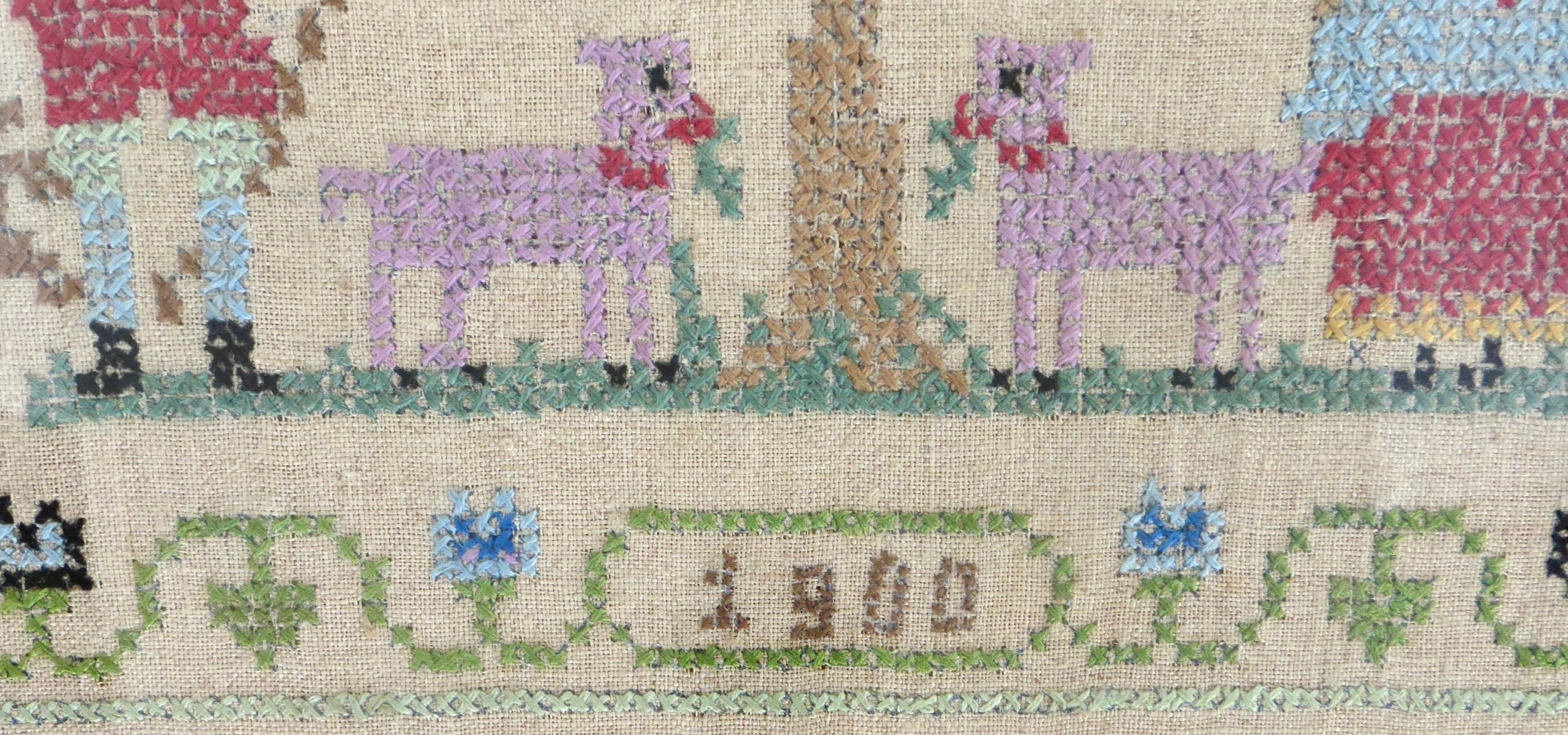 Tapisserie à l'aiguille Sampler d'art populaire américain forgé par 