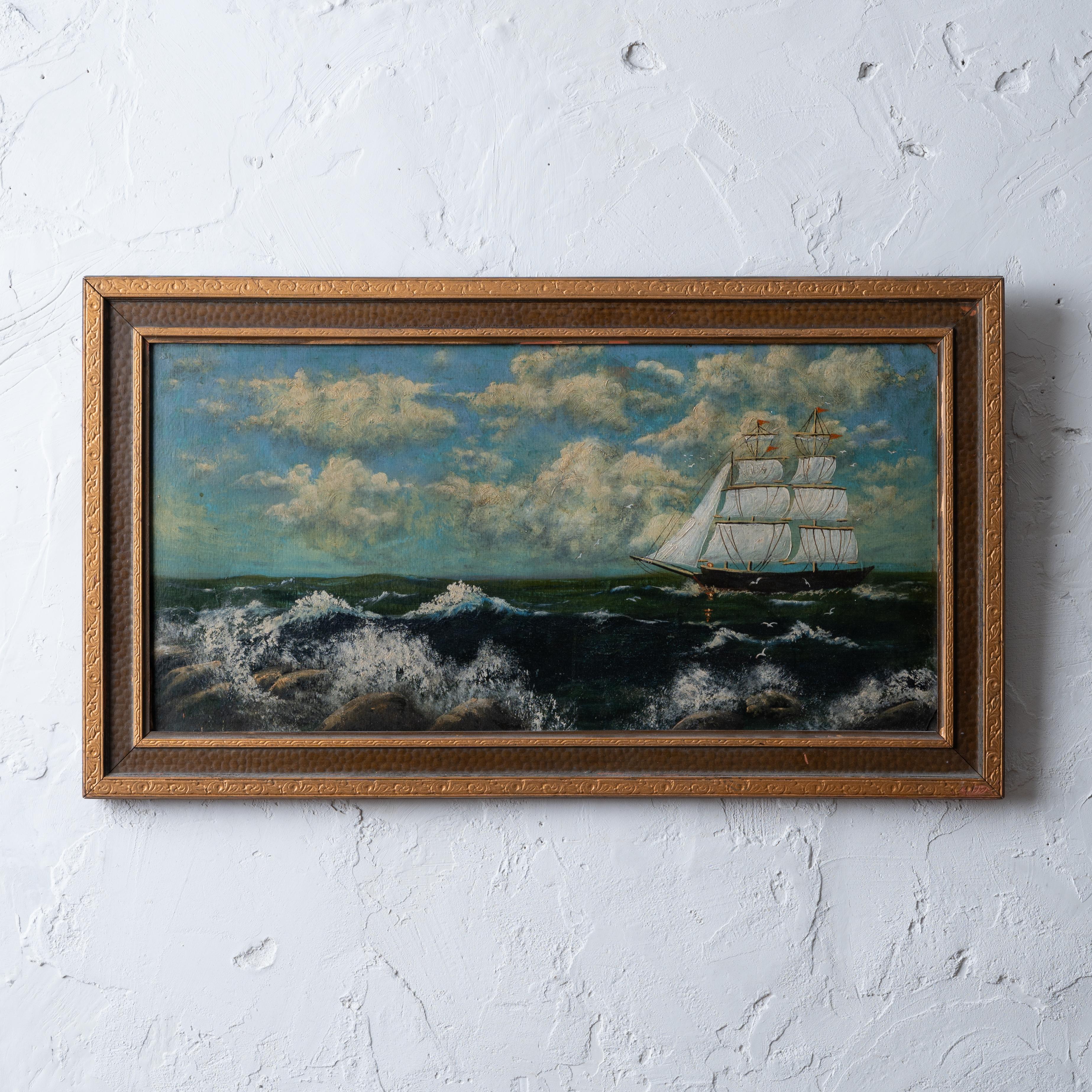 A folk art ship oil on board, painted by Mrs. E.O. Ricks (Bettie Tully Ricks, 1879-1959) of Alabama in 1927.  

27 ¾ by 15 ¾ inches


