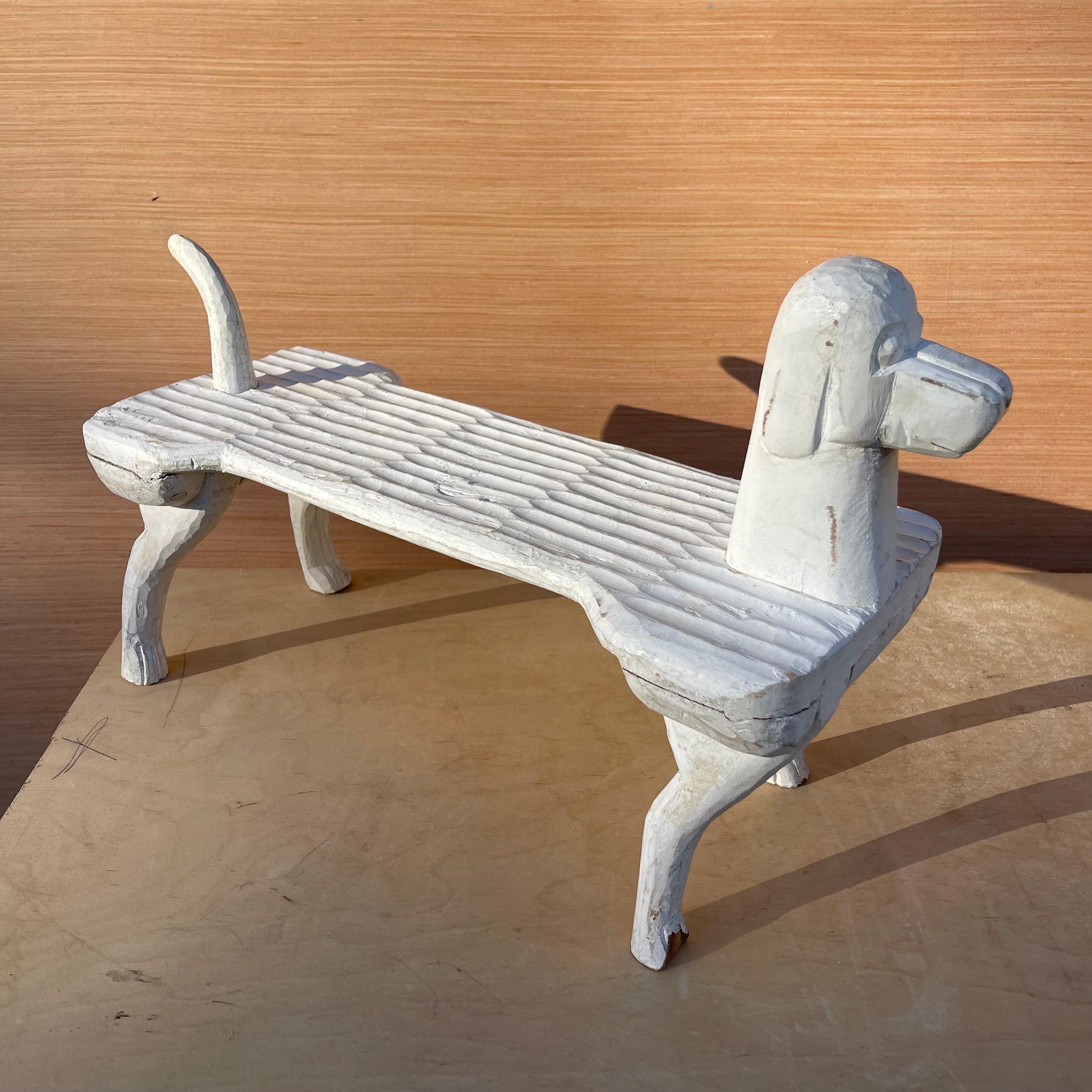 American Folk Art Style Carved Wood Hound Dog Footstool Stool 2