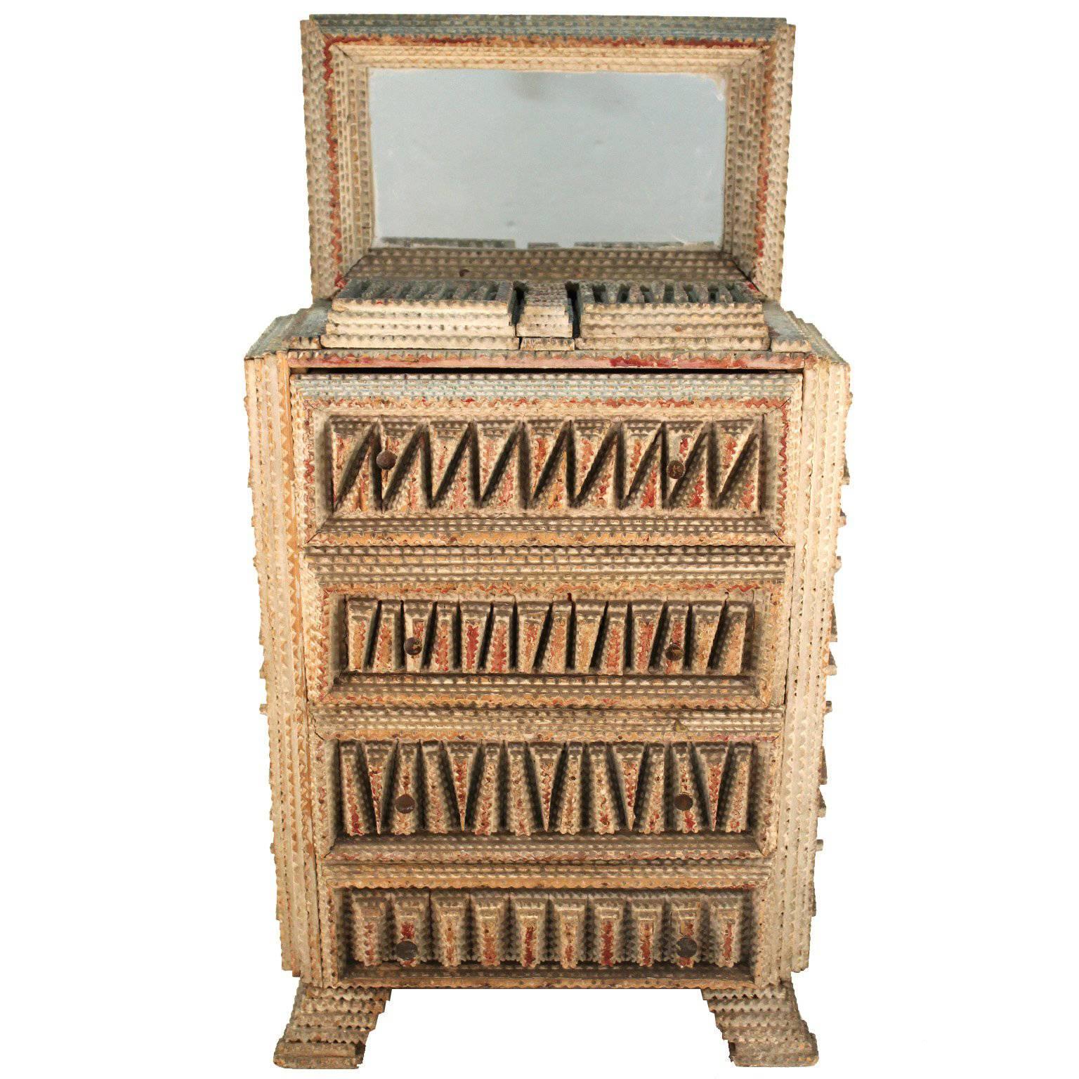 American Folk Art Tramp Art Miniature Wooden Dresser