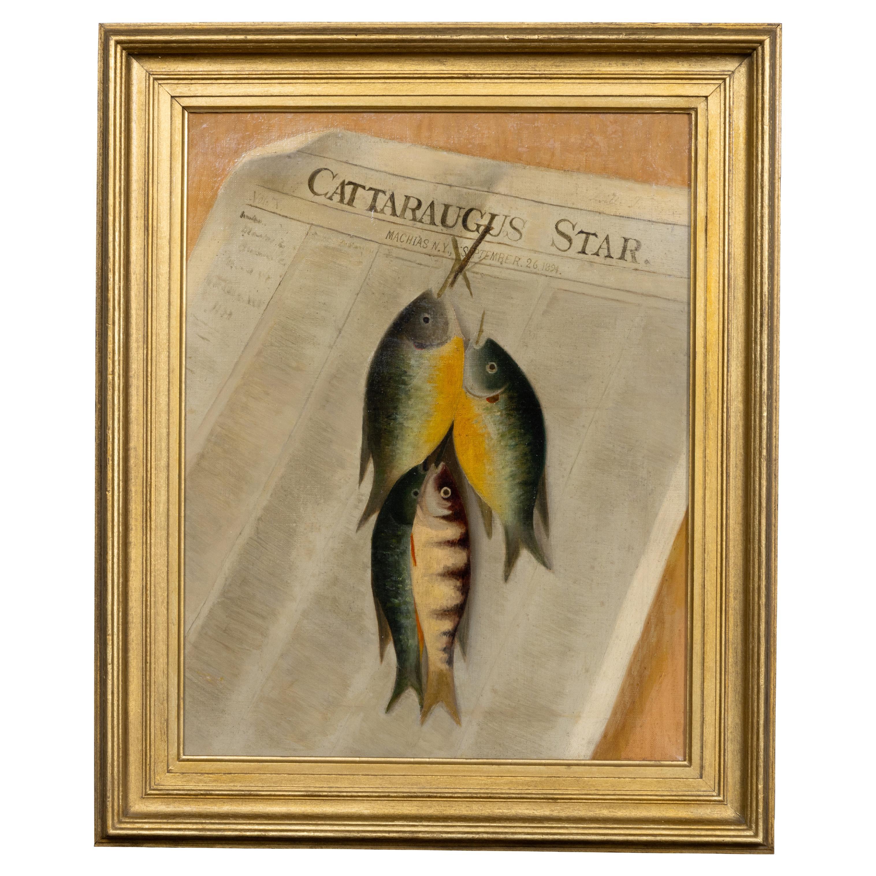 American Folk Art Trompe l’Oeil Fish Painting, Dated 1894
