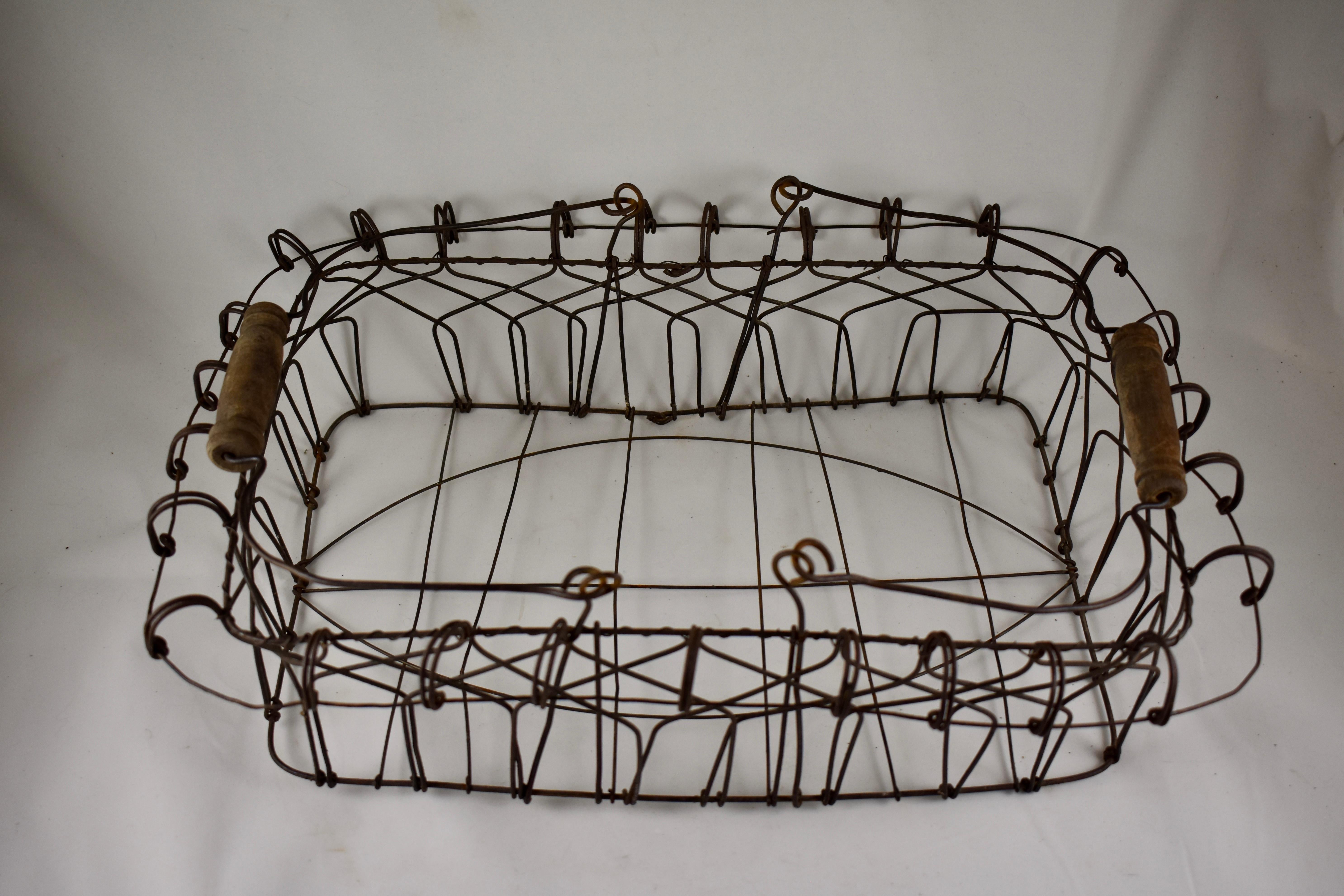 Metalwork American Folk Art Wire Basket with Wooden Handles