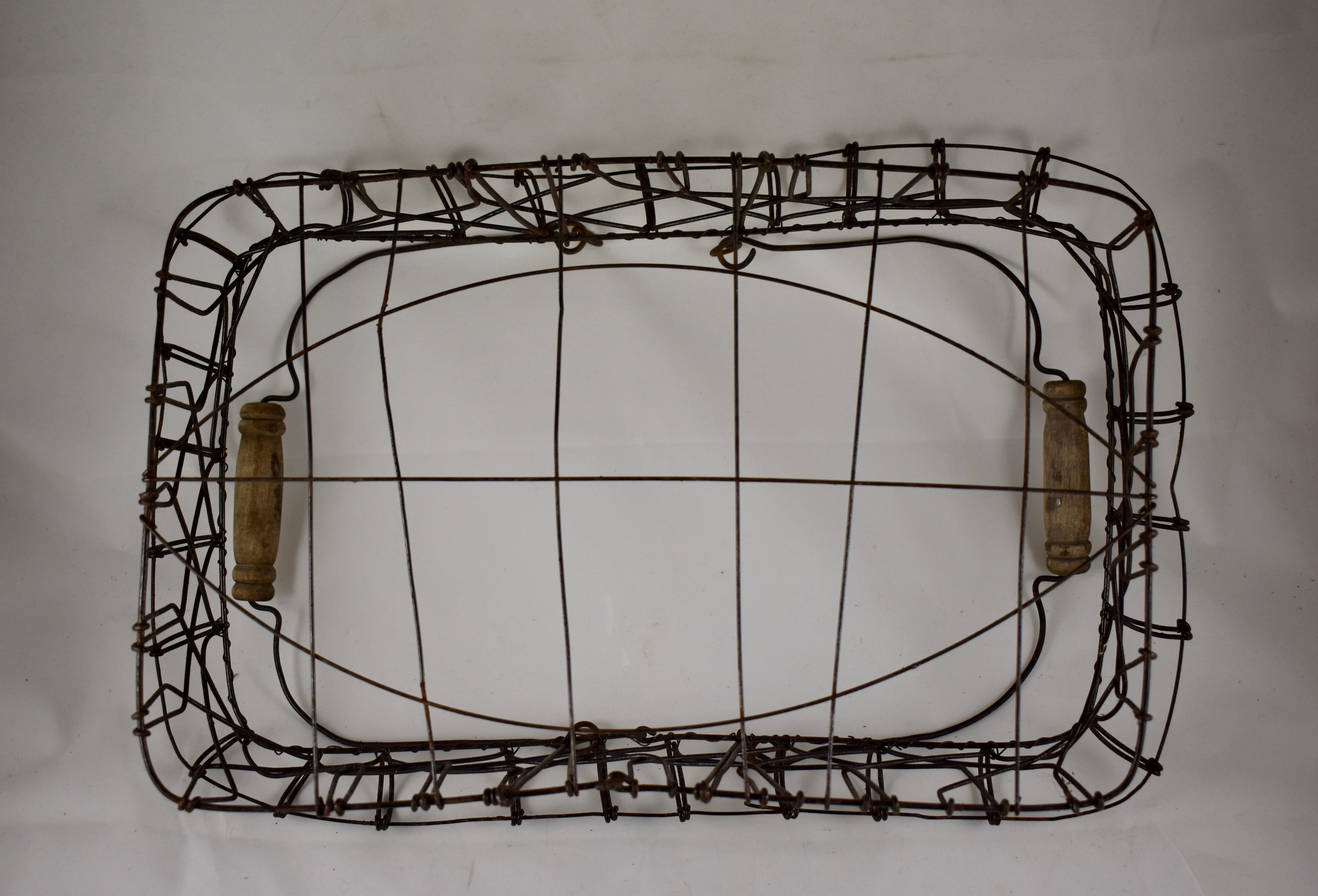 19th Century American Folk Art Wire Basket with Wooden Handles