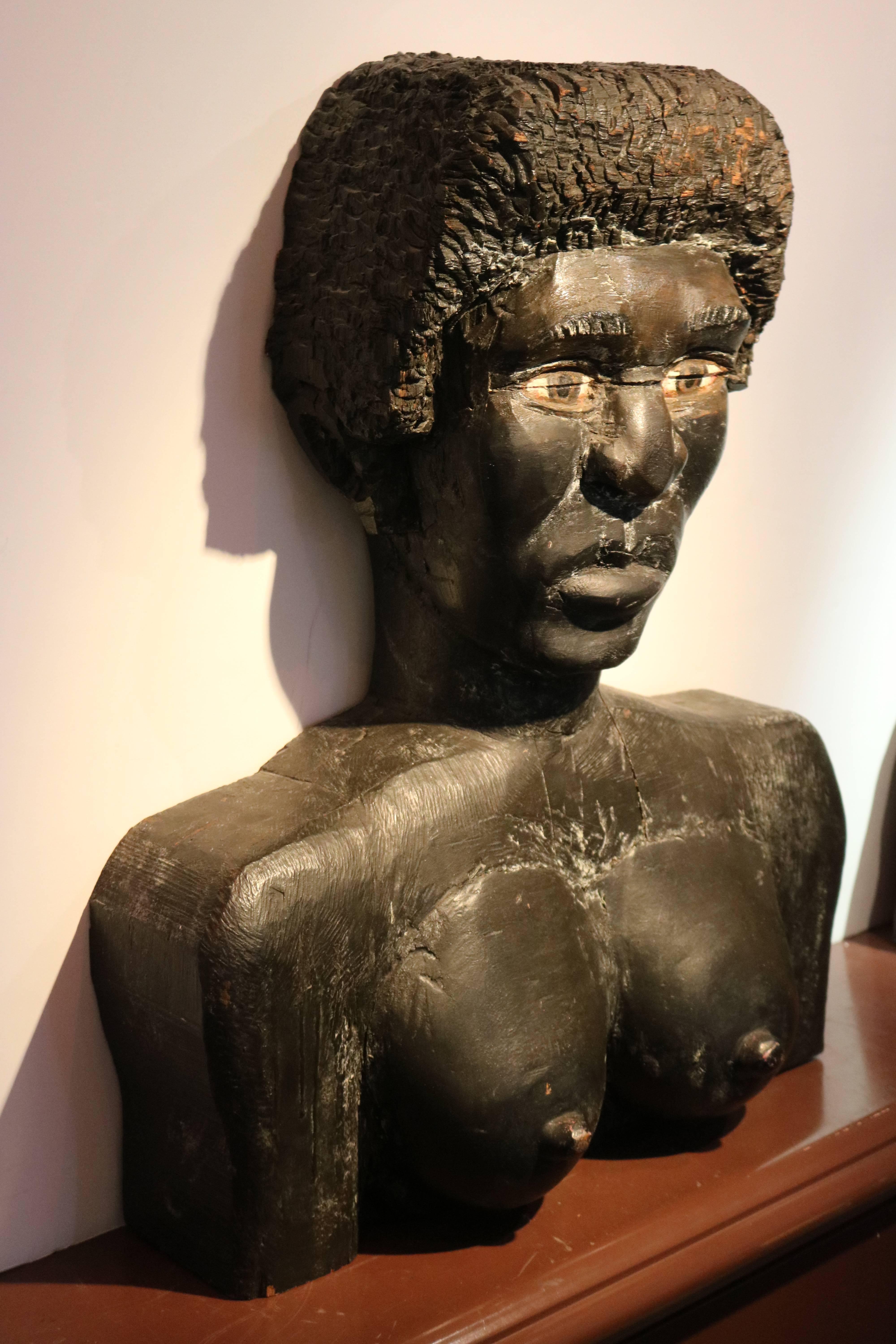American Folk Art Large Wood Carved Male and Female Black Busts Sculptures In Good Condition For Sale In West Palm Beach, FL