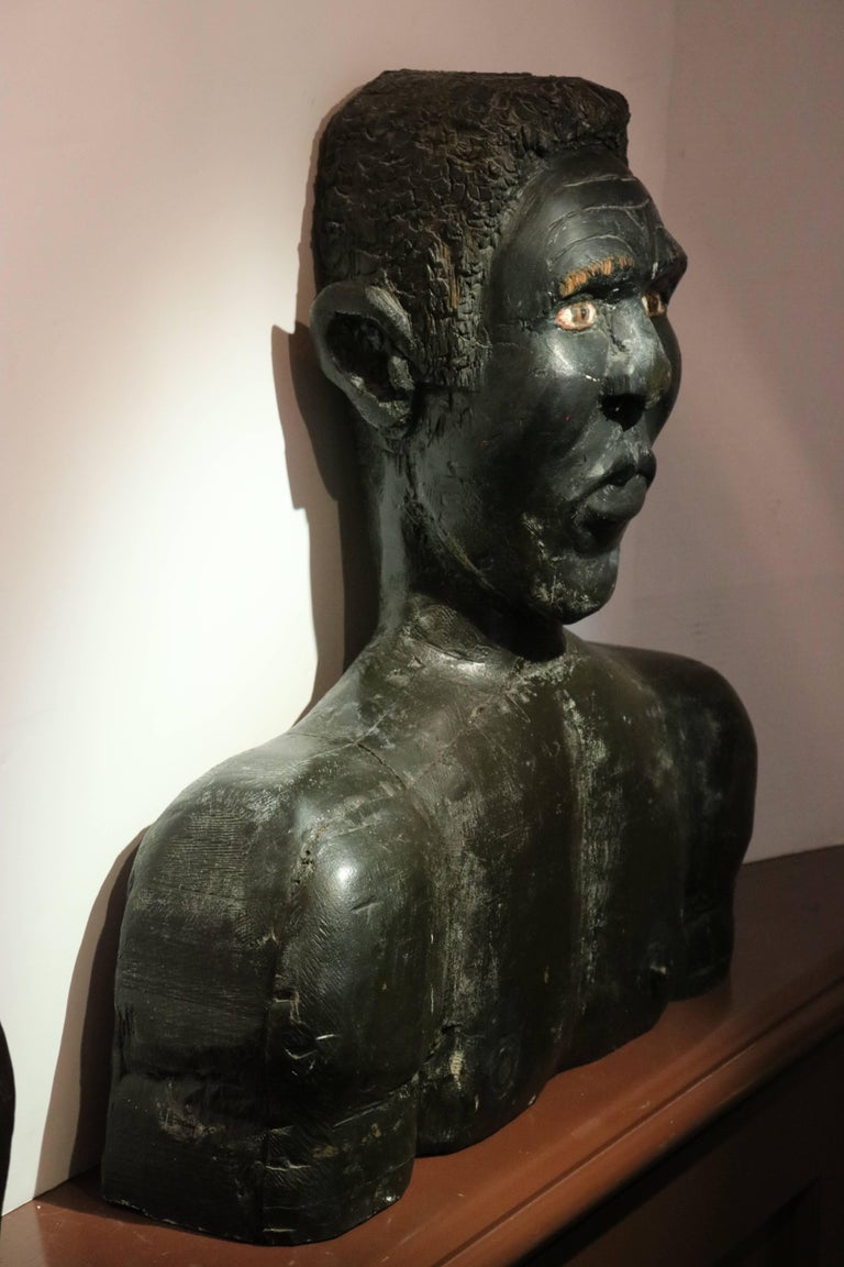 American Folk Art Large Wood Carved Male and Female Black Busts