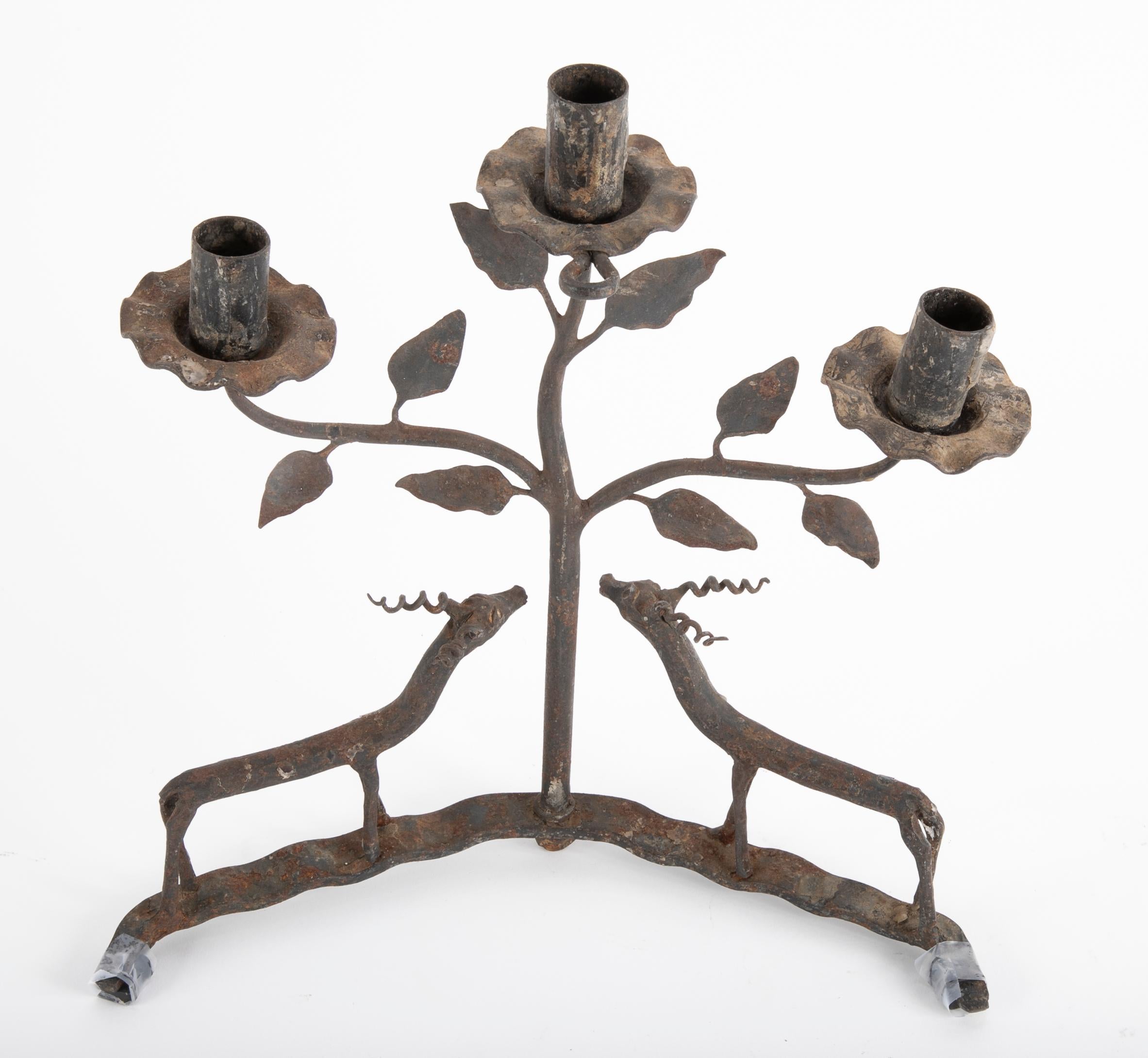 American Folk Art Wrought Iron Candlesticks Depicting Deer 6