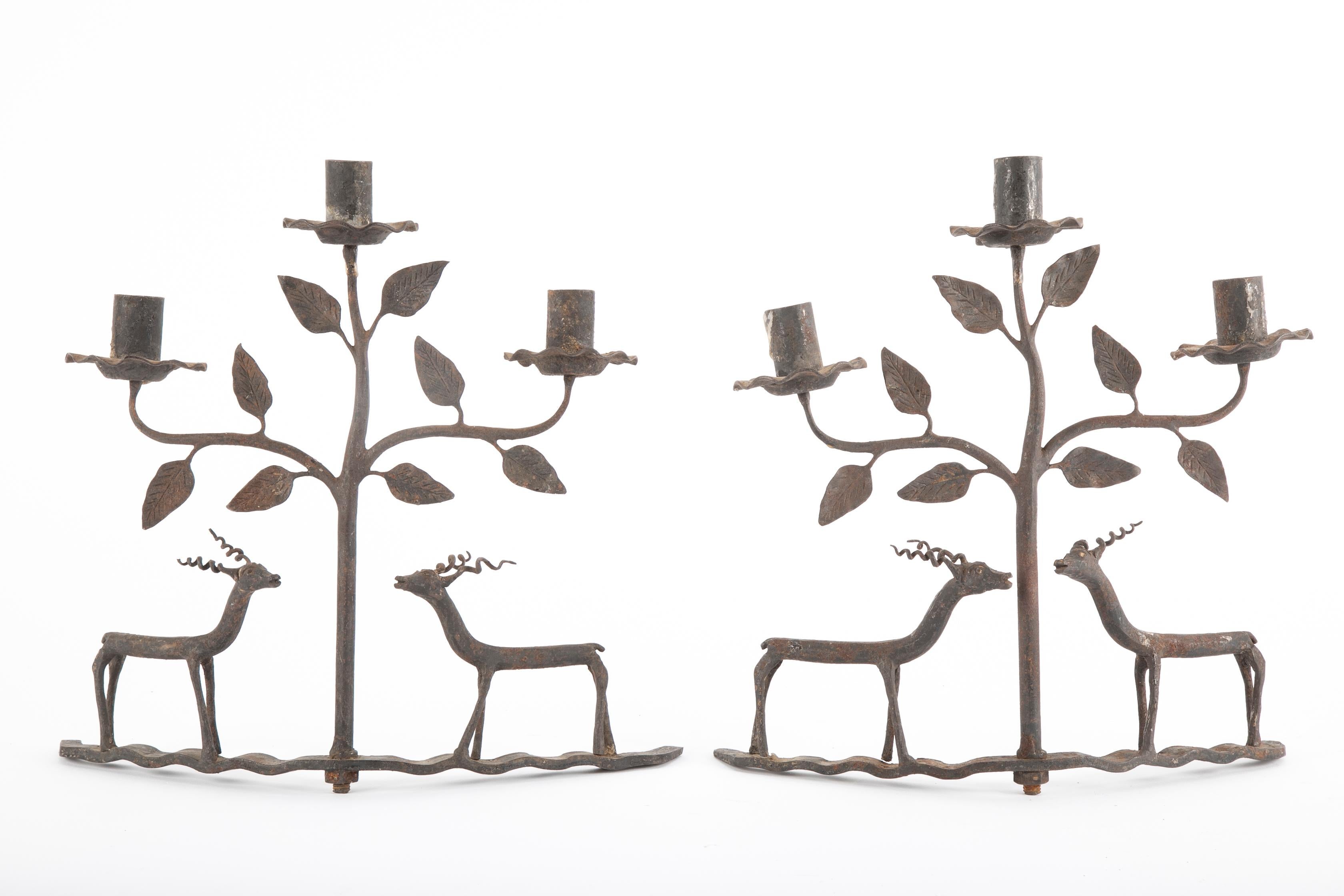 American Folk Art wrought iron candlesticks depicting deer. Possibly by Hunt Diederich (American, 1884-1953).