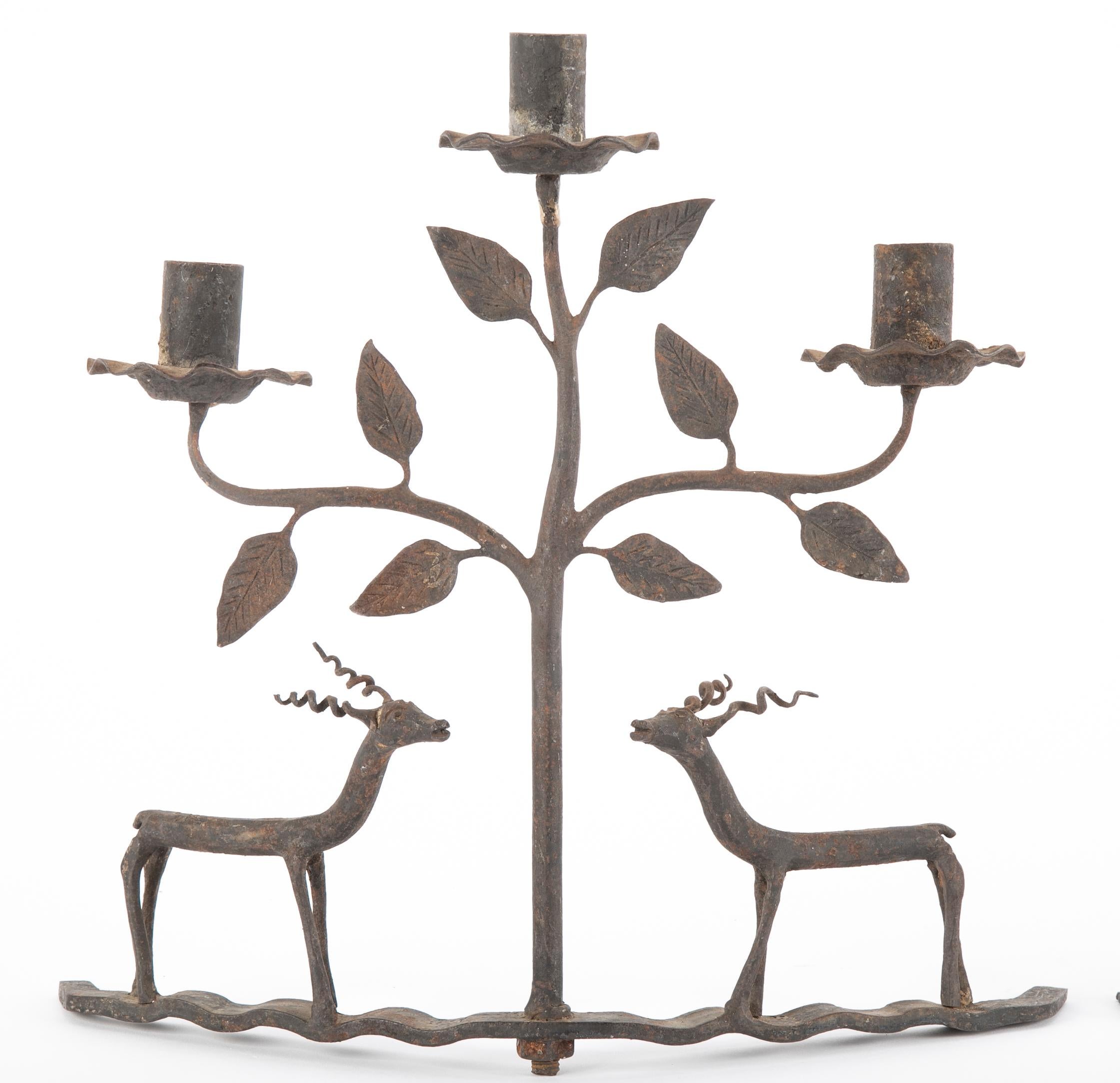 American Folk Art Wrought Iron Candlesticks Depicting Deer In Good Condition In Stamford, CT