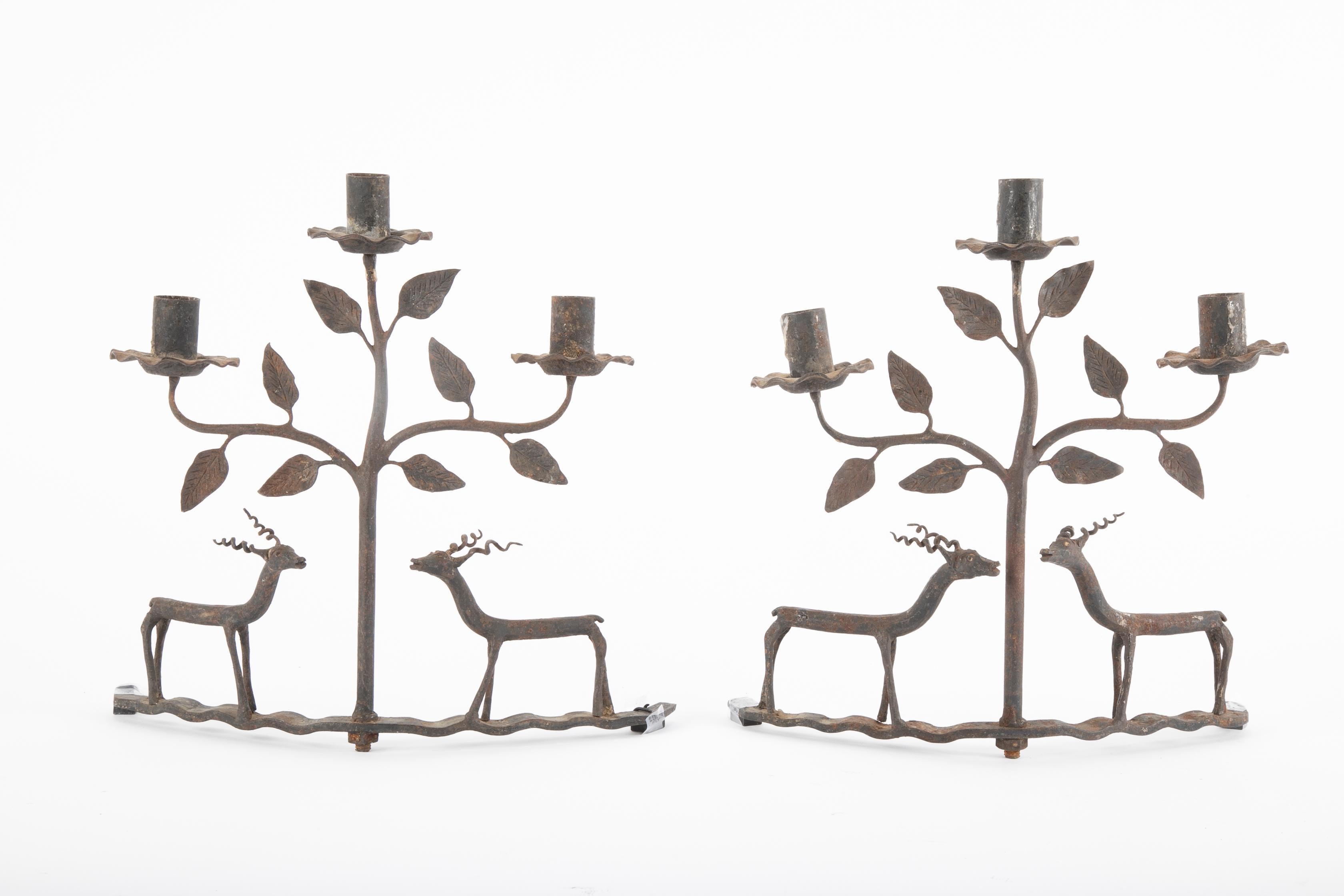 American Folk Art Wrought Iron Candlesticks Depicting Deer 5
