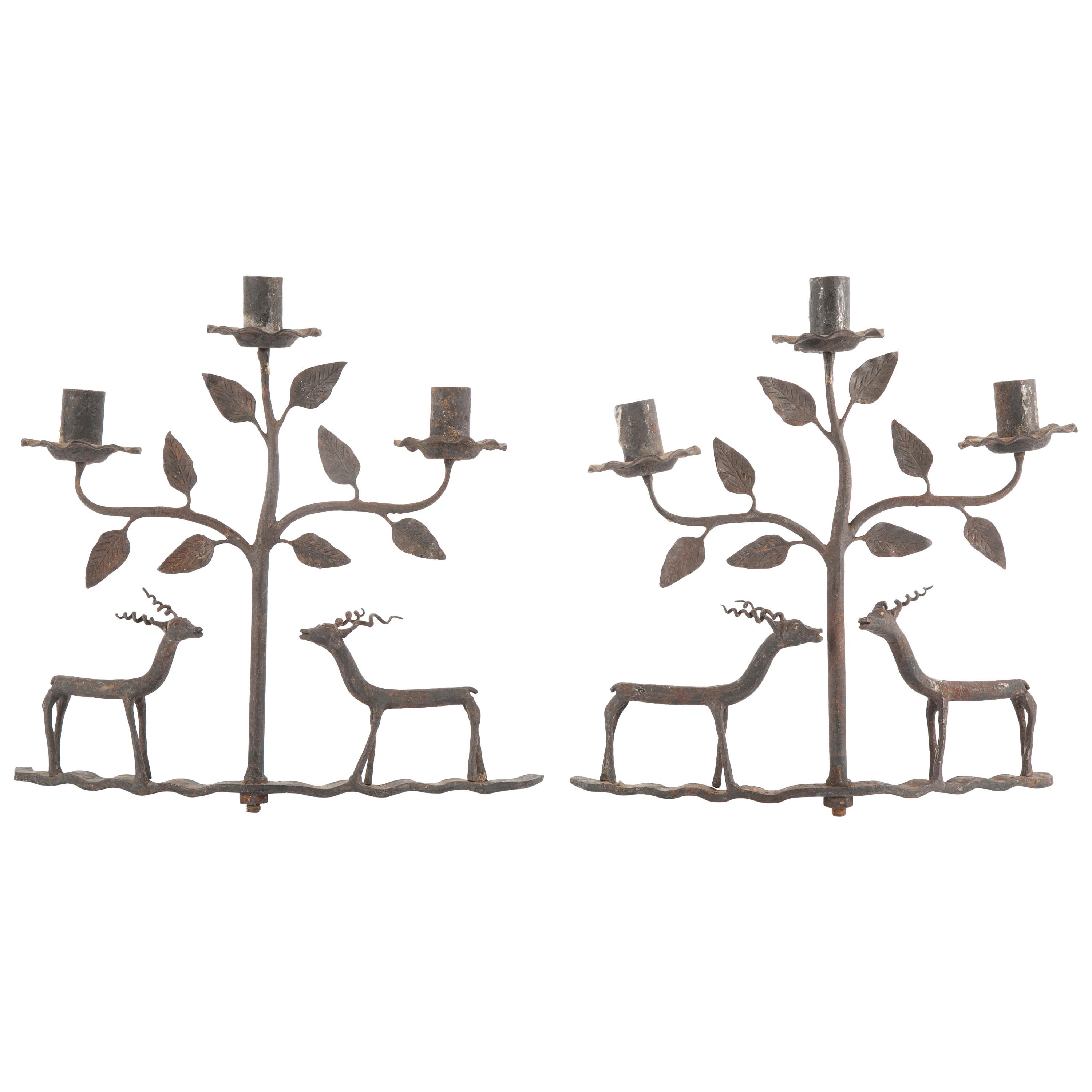 American Folk Art Wrought Iron Candlesticks Depicting Deer