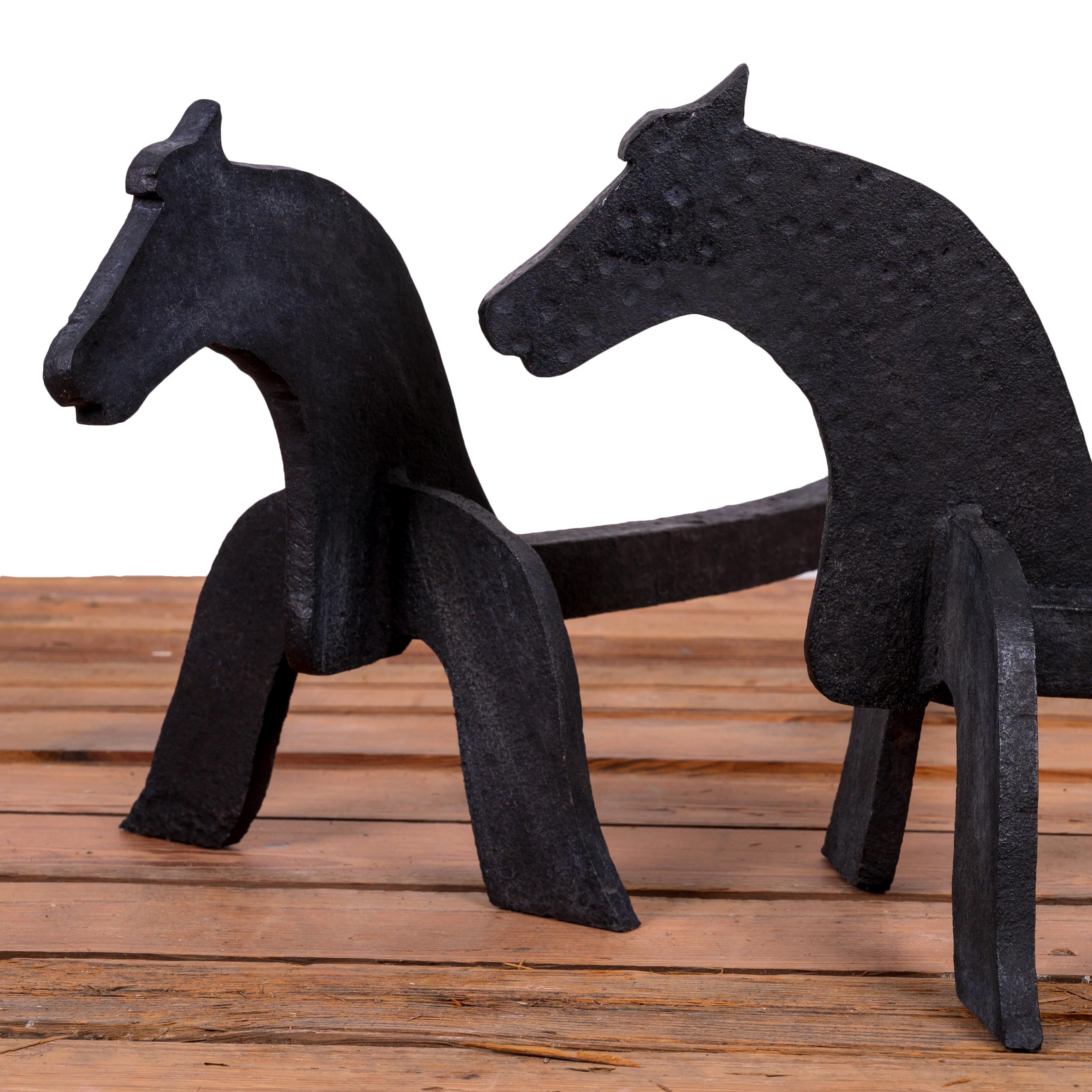 Unknown American Folk Art Wrought Iron Horse Andirons For Sale