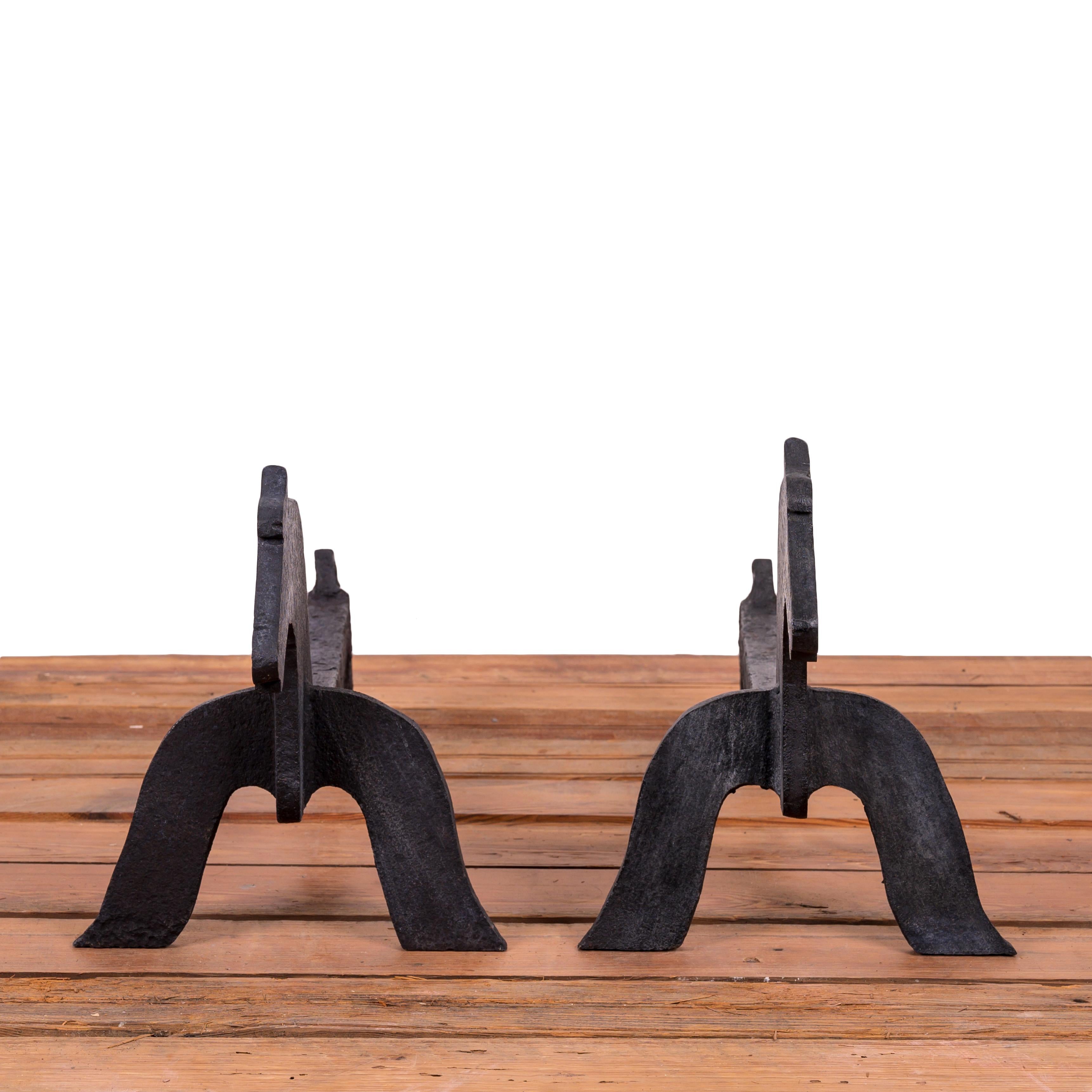 American Folk Art Wrought Iron Horse Andirons In Good Condition For Sale In Savannah, GA