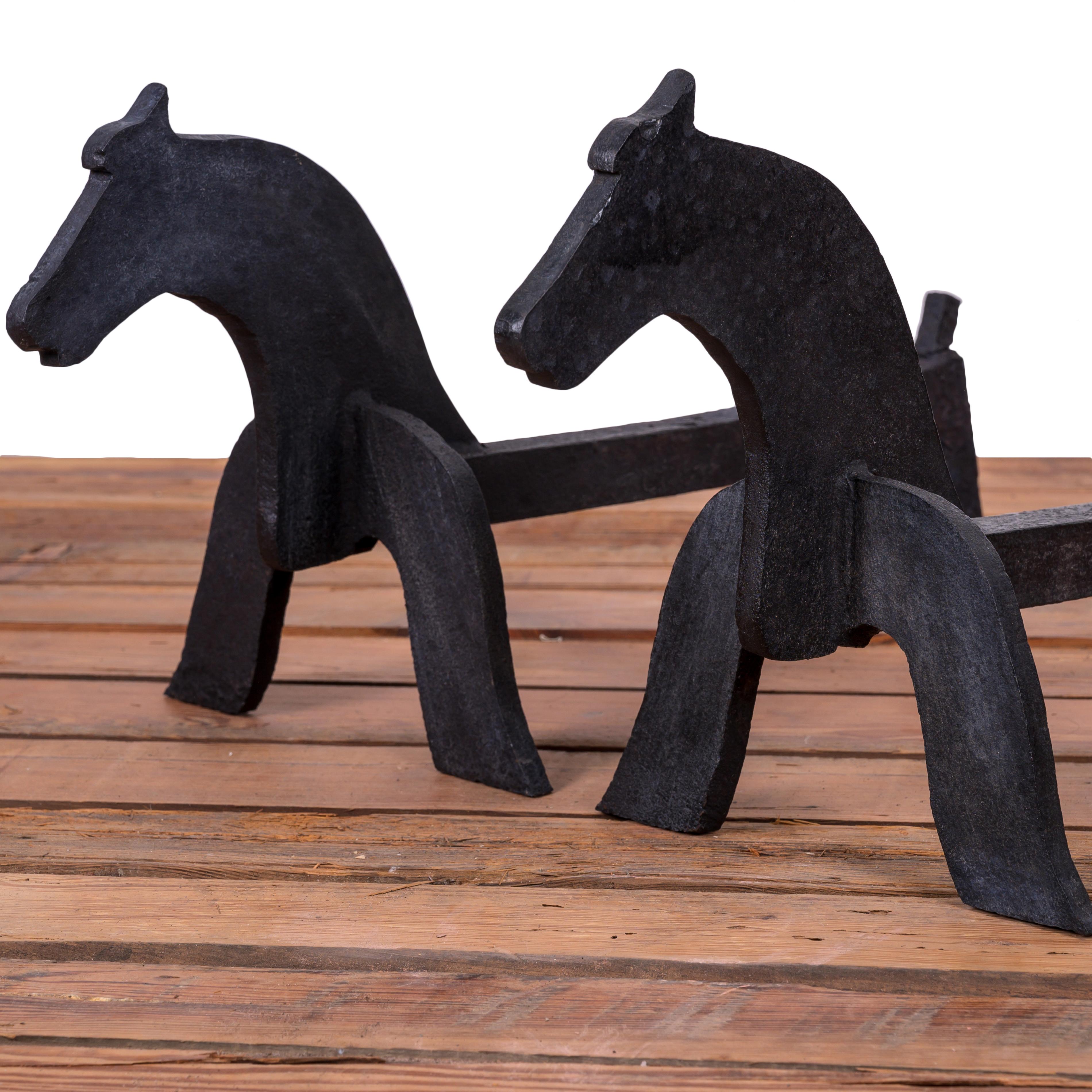20th Century American Folk Art Wrought Iron Horse Andirons For Sale