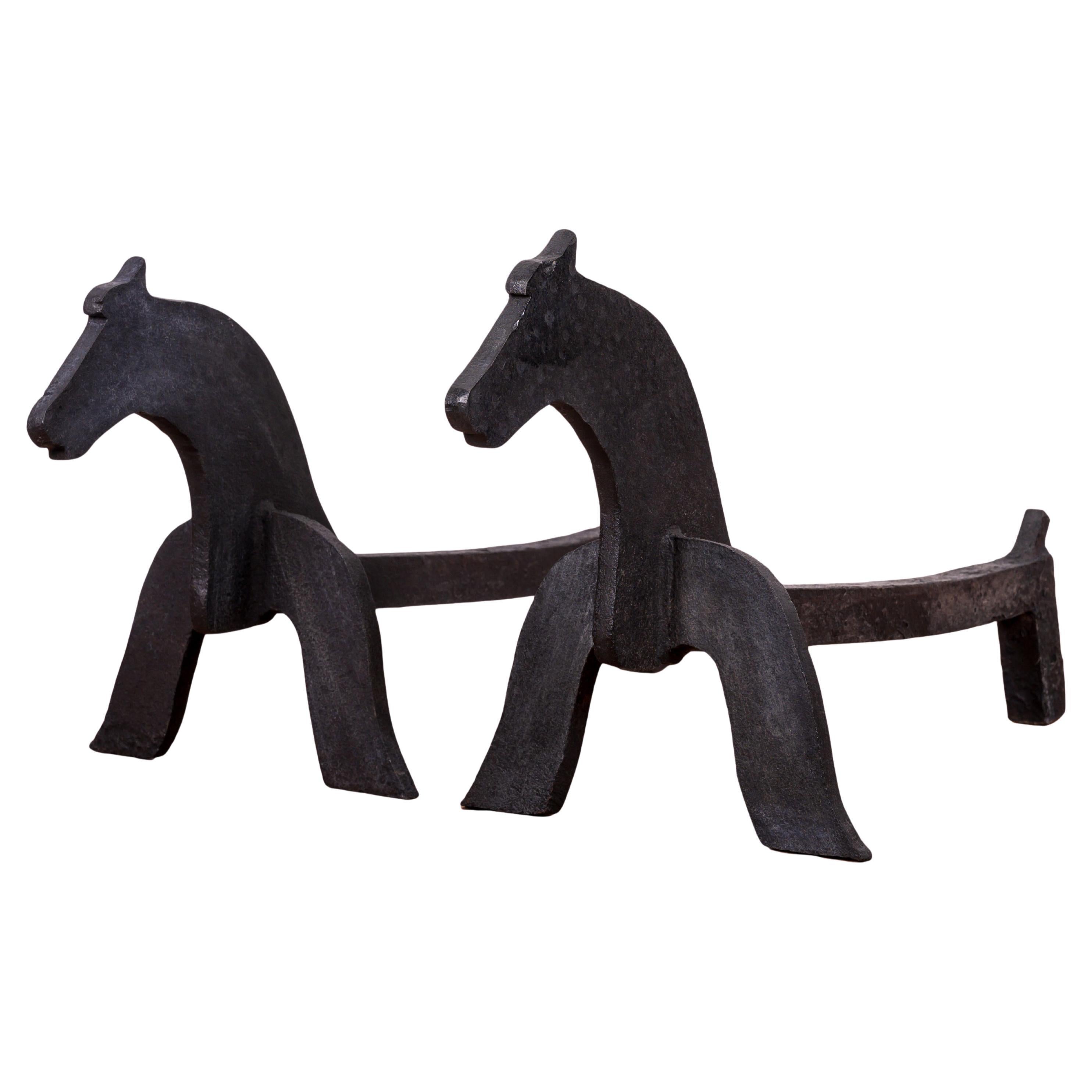 American Folk Art Wrought Iron Horse Andirons For Sale