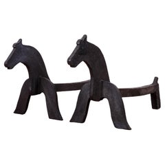American Folk Art Wrought Iron Horse Andirons