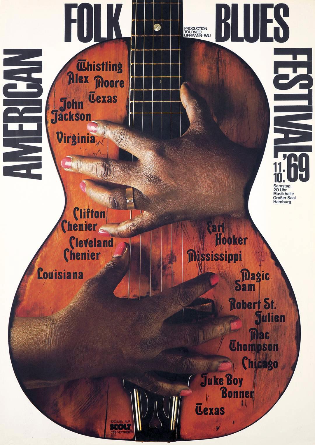 Gunther Kieser American folk blues festival poster, 1969
Keiser's poster for the annual Hamburg festival devoted to American folk blues featuring a compelling pictorial of a well-worn acoustic guitar. Here, the instrument seems to be playing itself