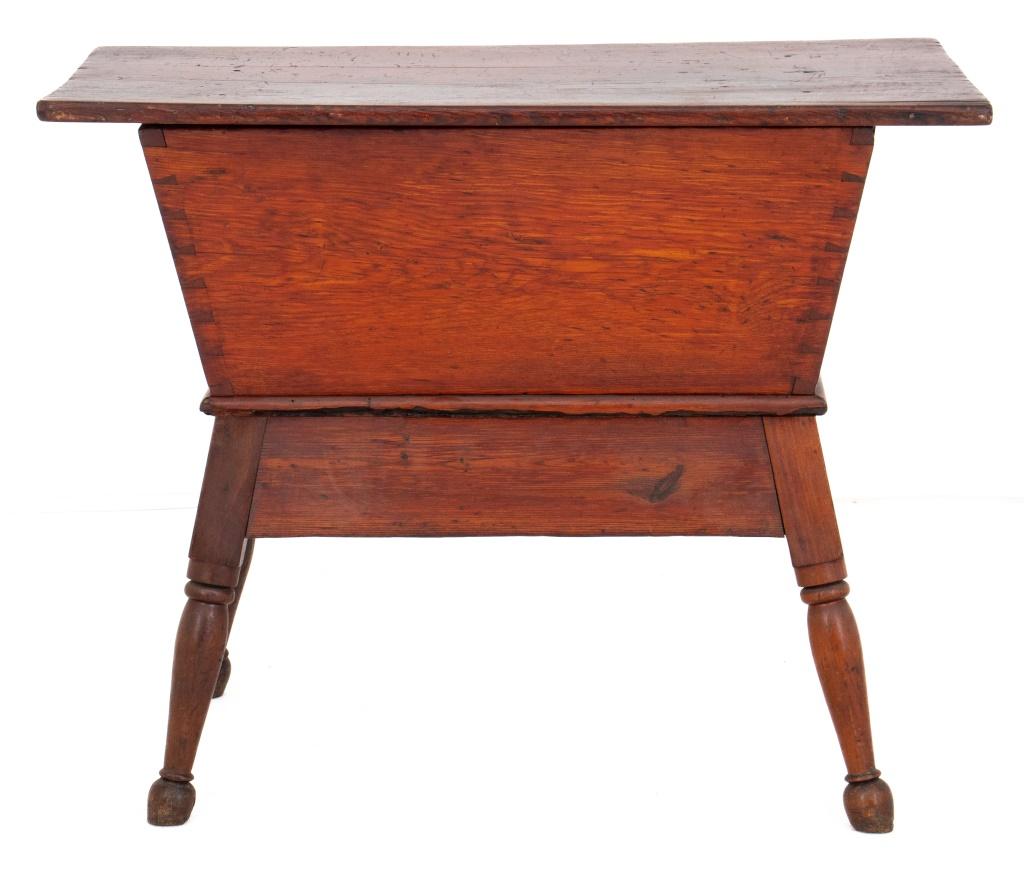 American Folk mixed wood dough box, early 19th century, rectangular with canted sides and turned splayed legs, the box in pine, the stand likely oak or cypress, possibly South Carolina.

Dealer: S139XX