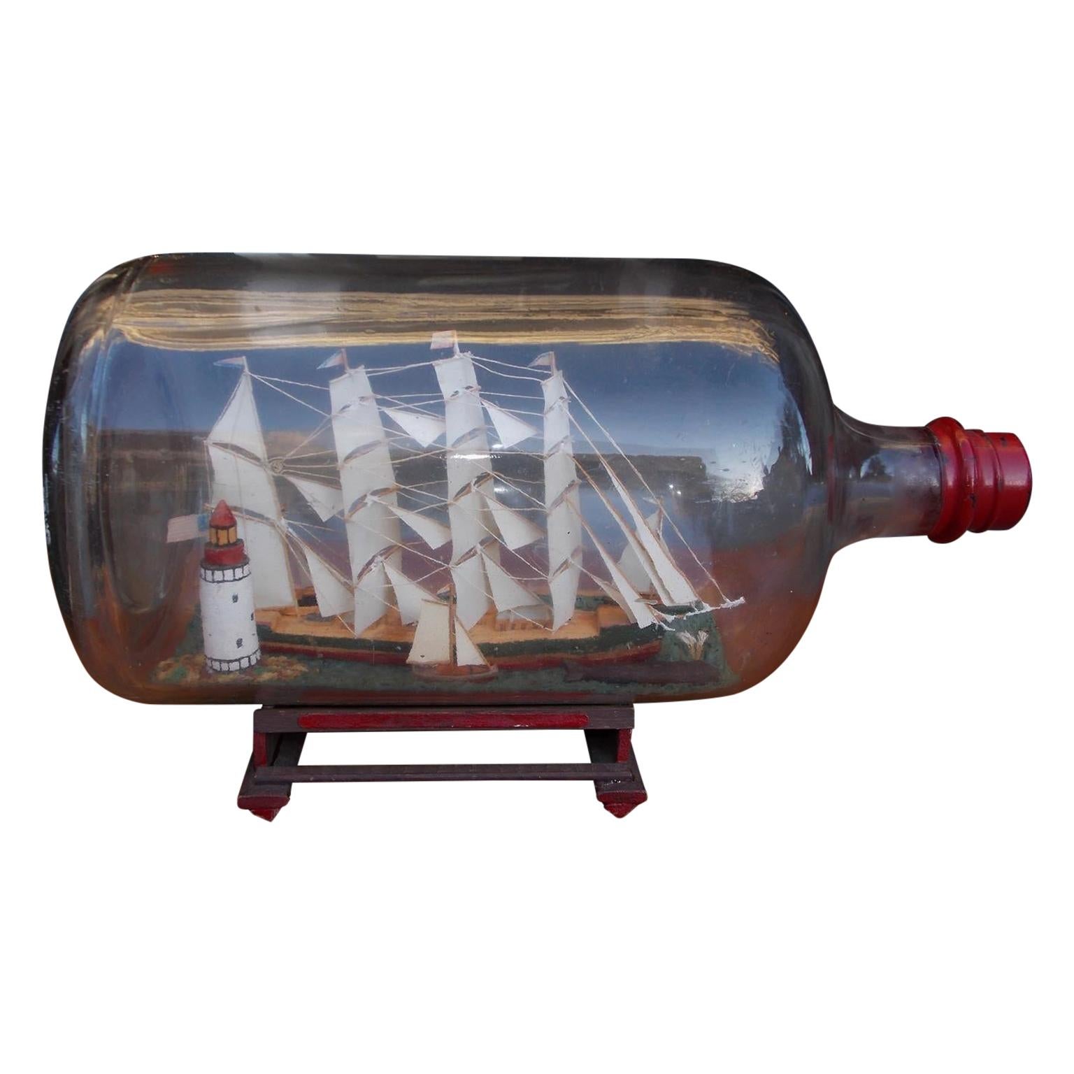 American Four Masted Clipper Ship in Bottle on Original Stand, Circa 1880