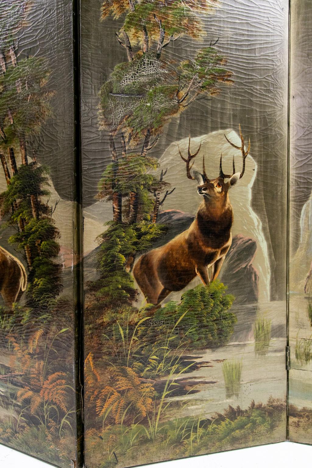 American four-panel embossed fabric screen, the hand painted fabric depicting deer in a forest landscape with water in the foreground. Large rocky features are in the background. Shaped bronze end caps are on top.

  