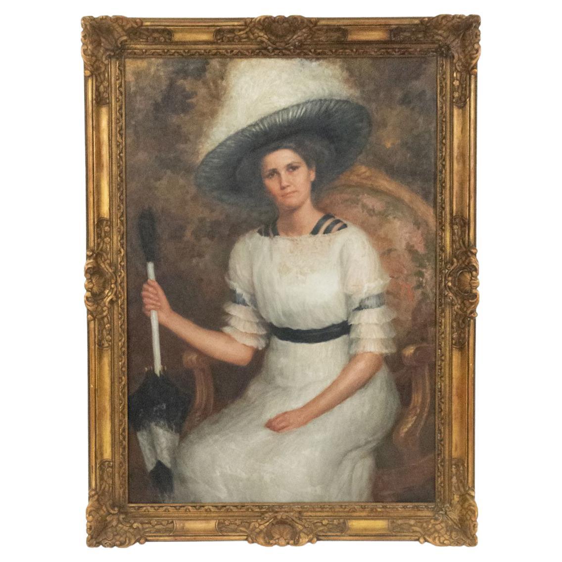 American Framed Oil Painting of an Victorian Lady in White Signed Wentworth For Sale