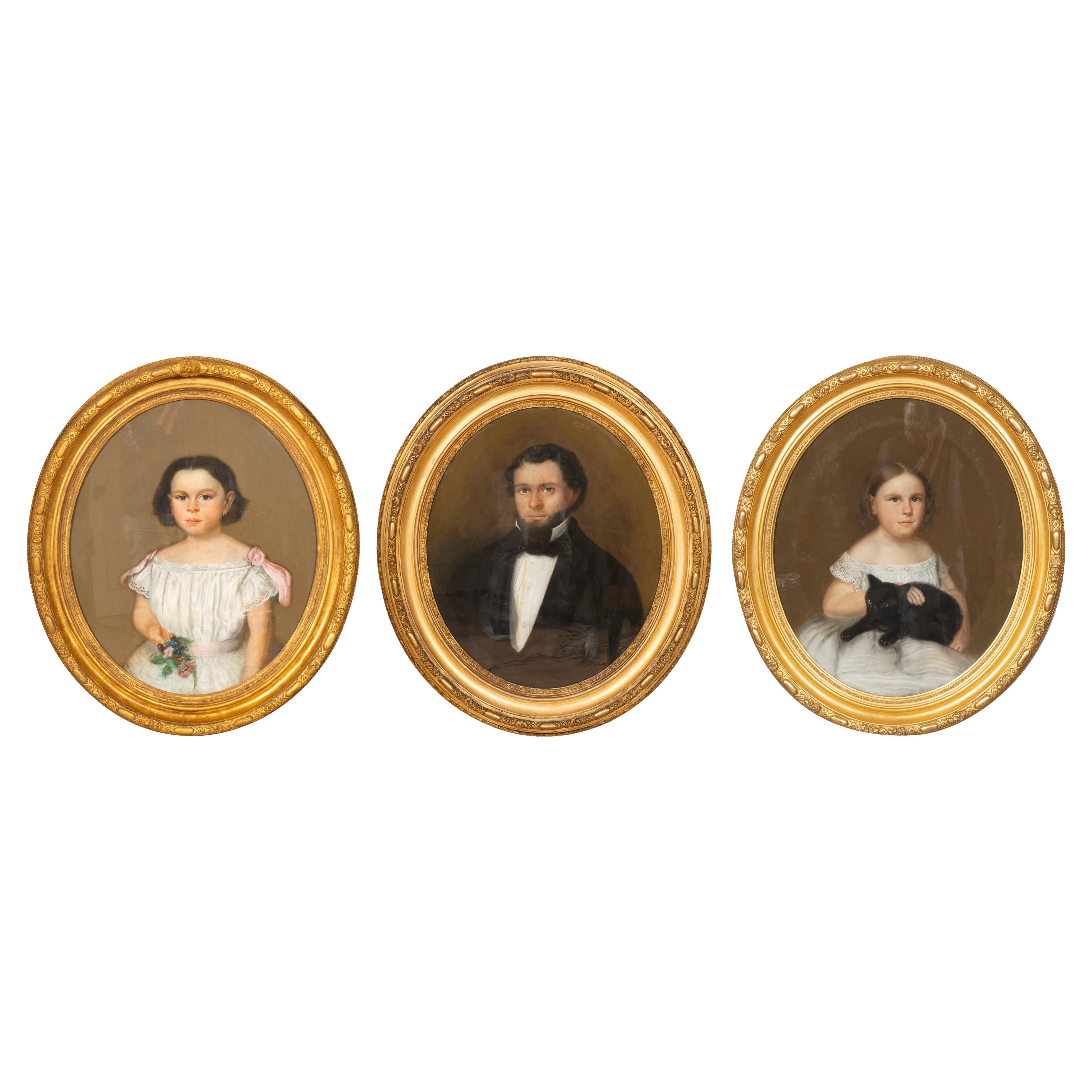 American Framed Pastel Portraits of Asa Porter Morse and Two Daughters For Sale