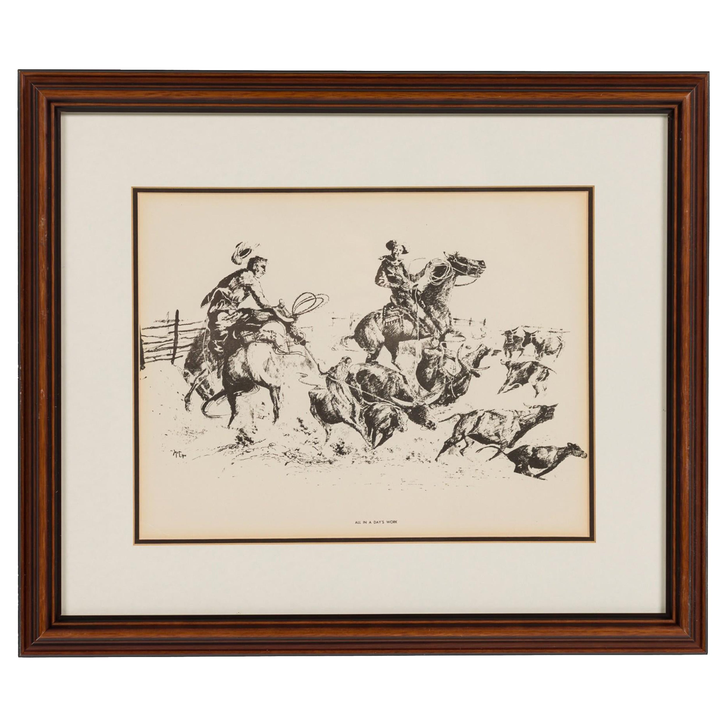 American Framed Print of Western Cowboys Wrangling Cattle, "All In A Day
s Work"