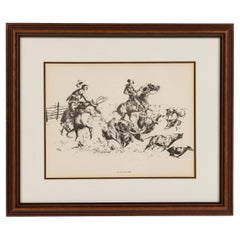 American Framed Print of Western Cowboys Wrangling Cattle, "All In A Day
s Work"